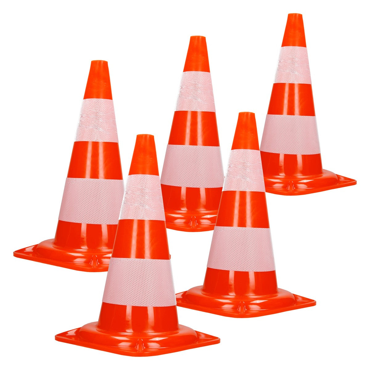 Five orange traffic cones with white stripes on a white background.