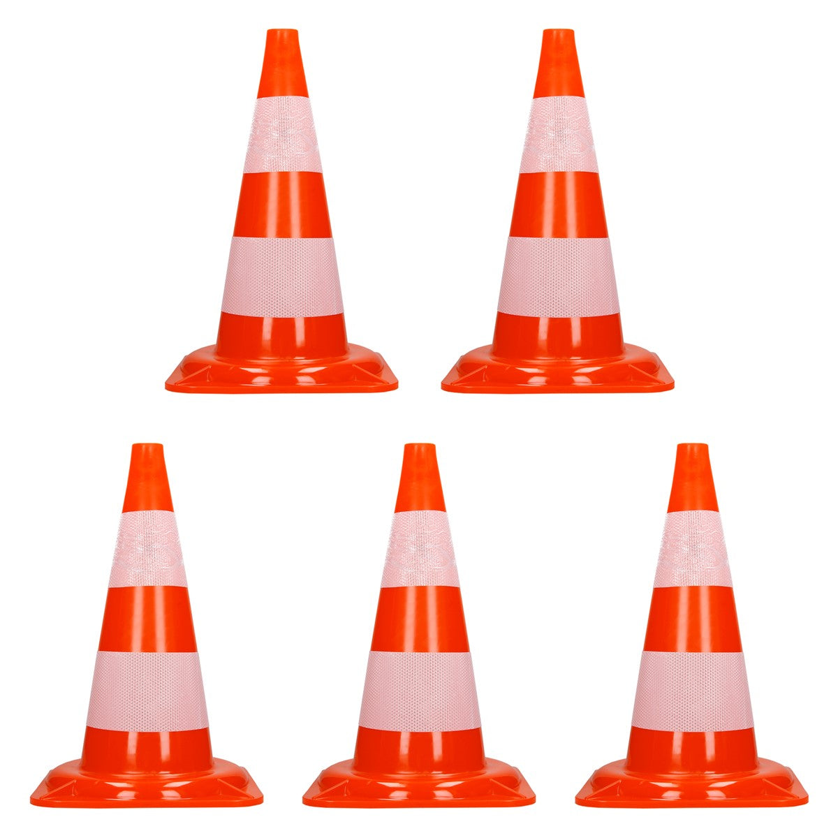 Five orange traffic cones with white stripes on a white background.