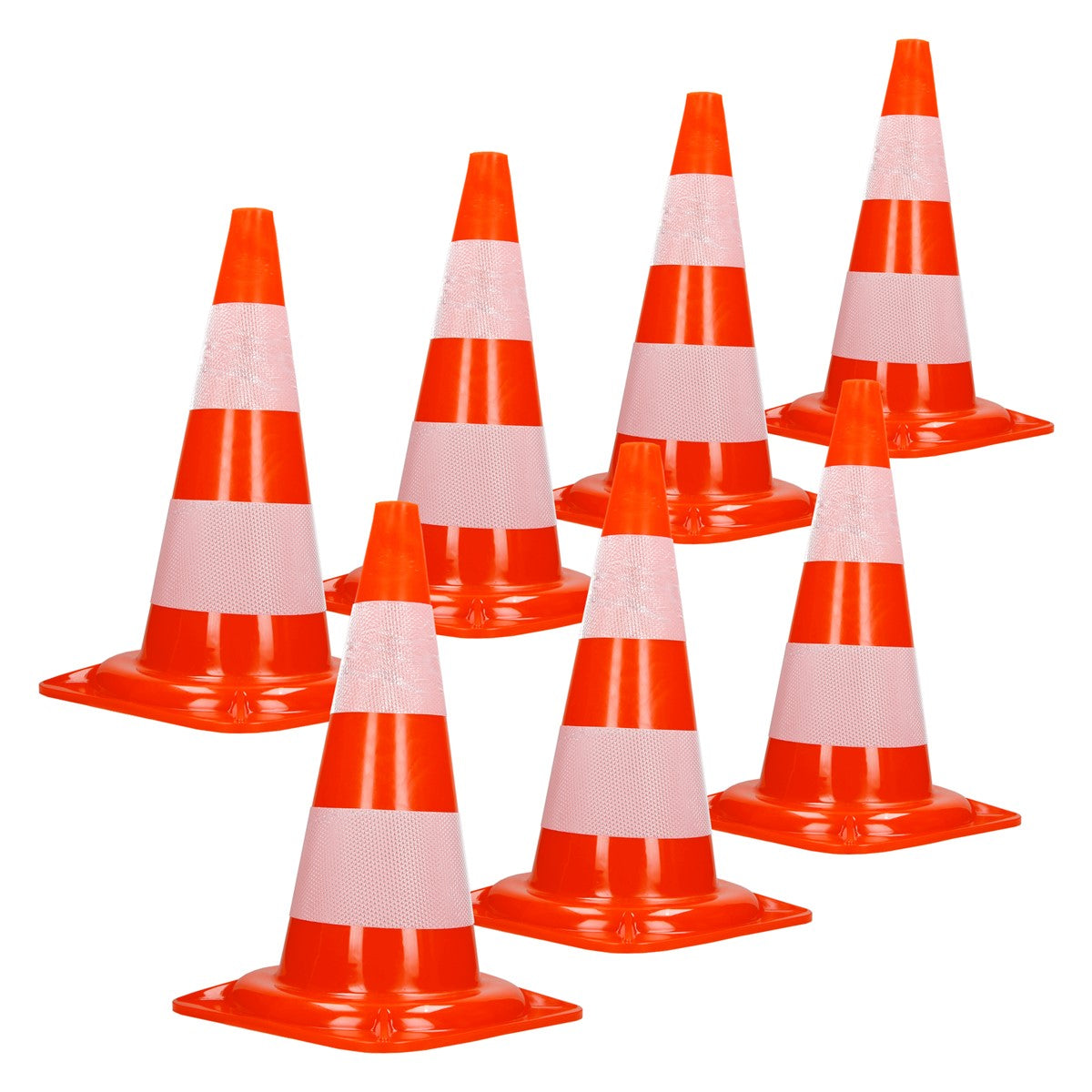 Seks orange trafikkegler med hvide striber.