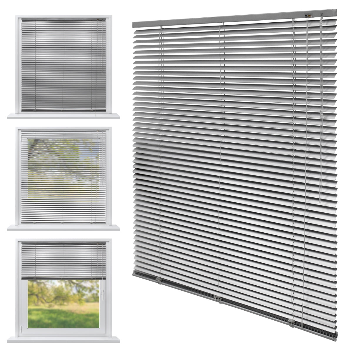 Three views of a silver blind in different positions.