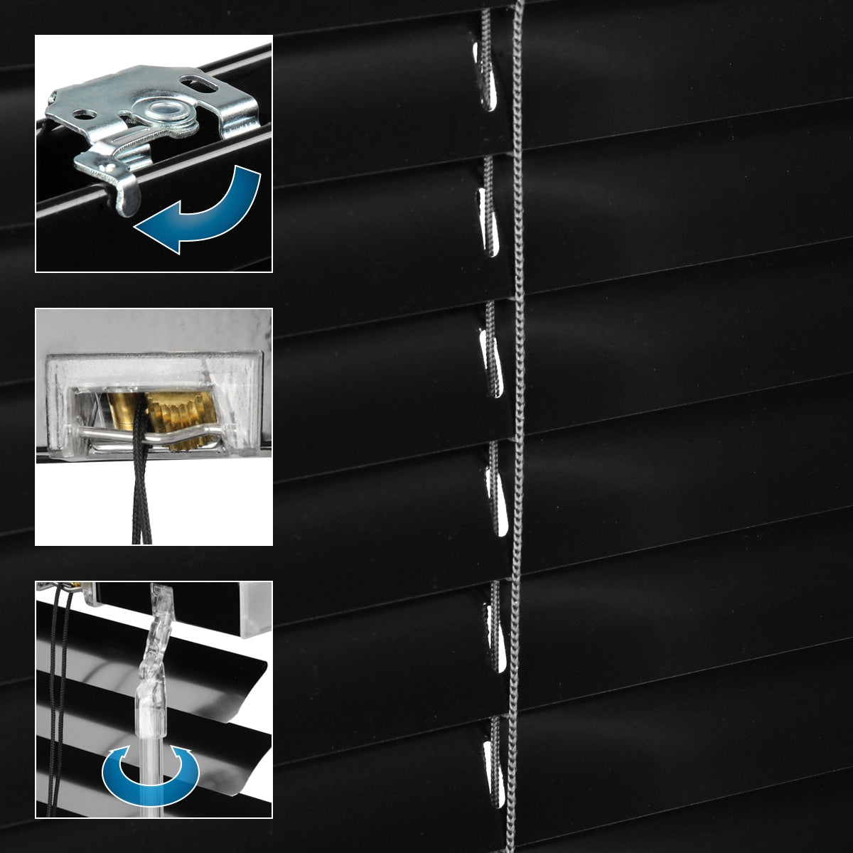 Close-up view of black blinds with control elements.
