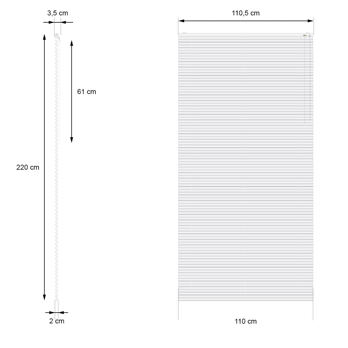 Rozměrový výkres žaluzie o šířce 110 cm a výšce 220 cm.