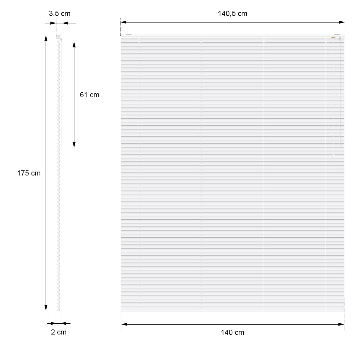Dimensiones para una persiana de 140,5 cm de ancho y 175 cm de alto.
