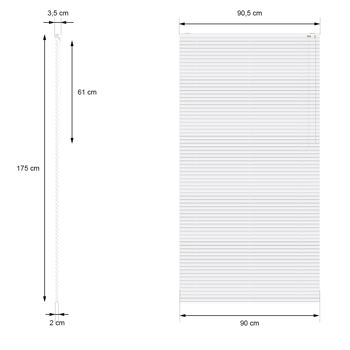 Maßzeichnung für eine Jalousie mit 90 cm Breite und 175 cm Höhe.