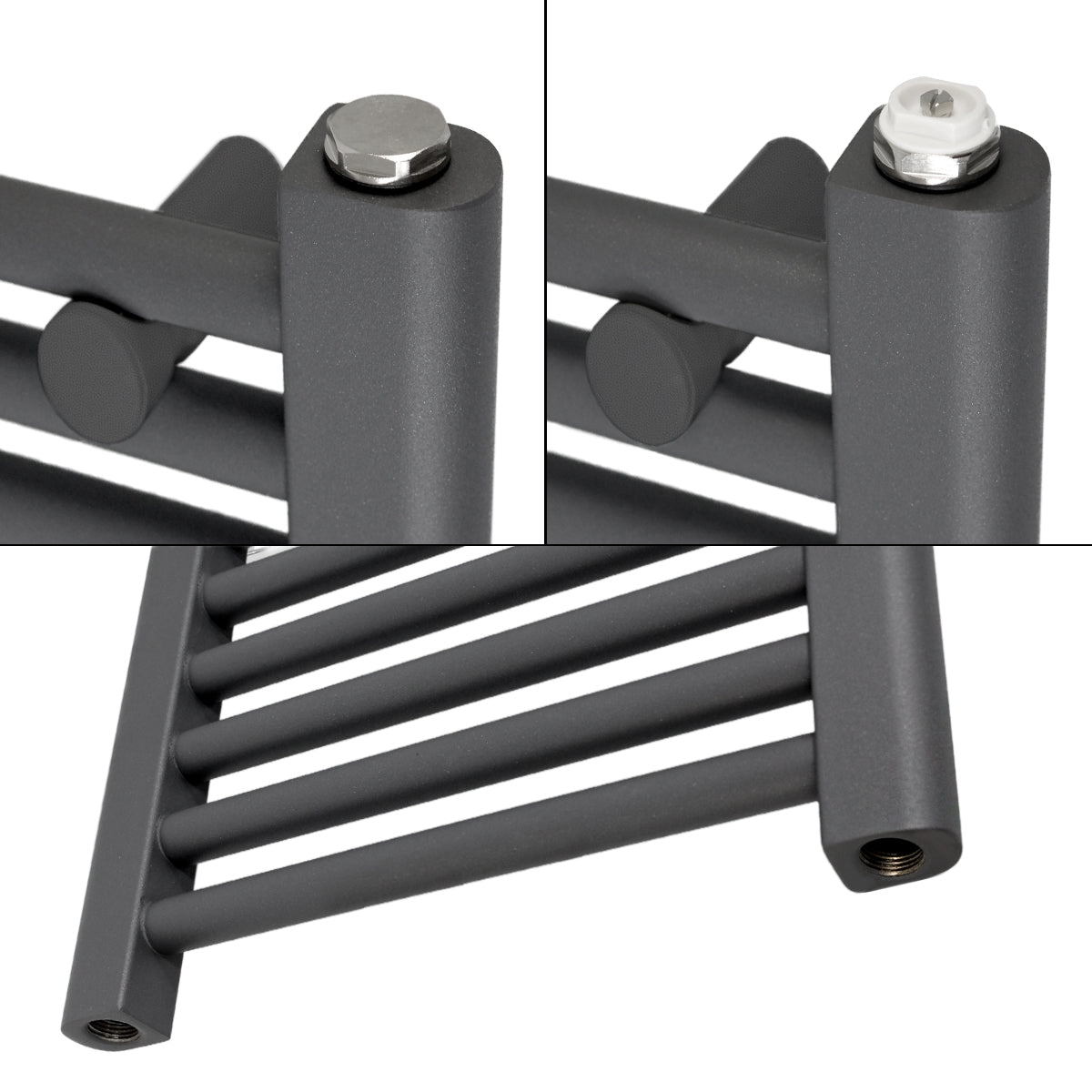 Drei Ansichten eines anthrazitfarbenen Heizkörpers mit Anschlüssen.