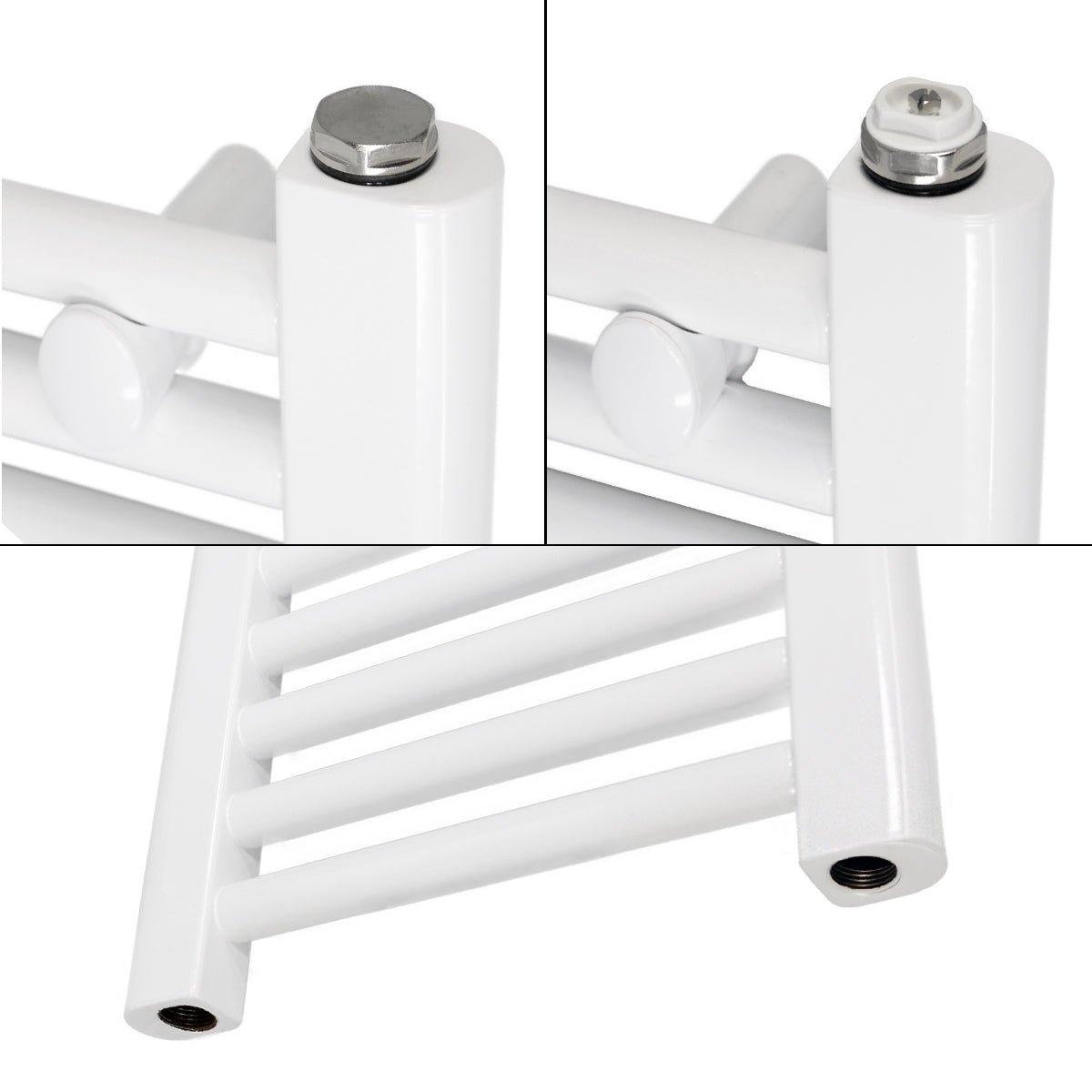 Oldalnézet egy fehér radiátorról csatlakozási pontokkal.
