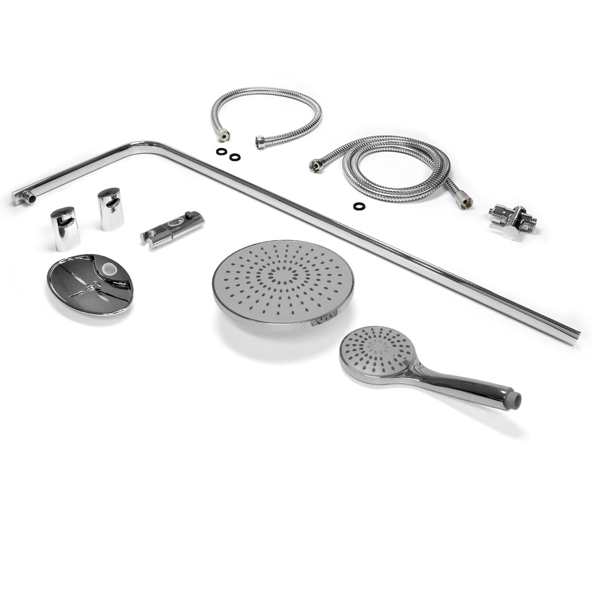 Douche set met handdouche, douchekop en leidingen, zilverkleurig.