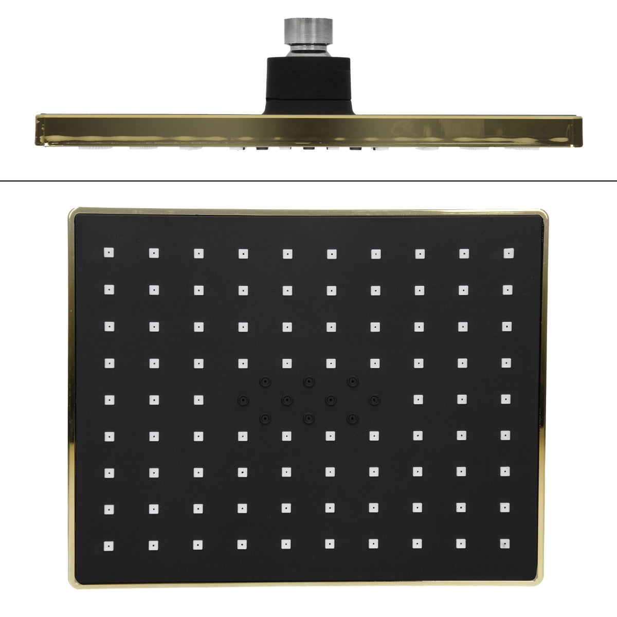Square-shaped shower head, black with golden accents.