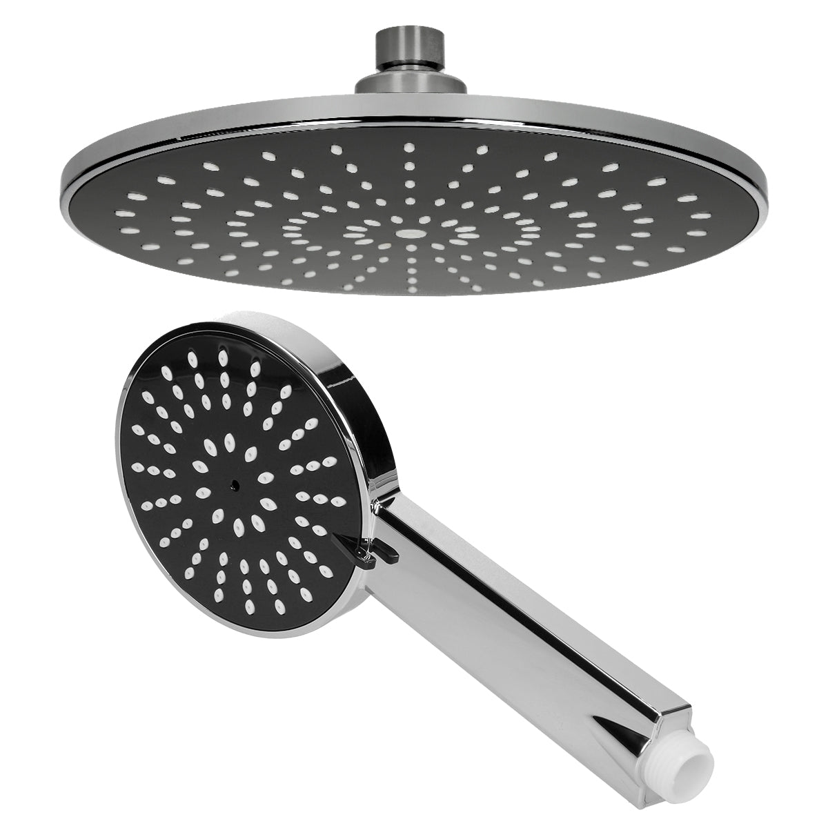 Shower head with round, flat surface and many small nozzles.