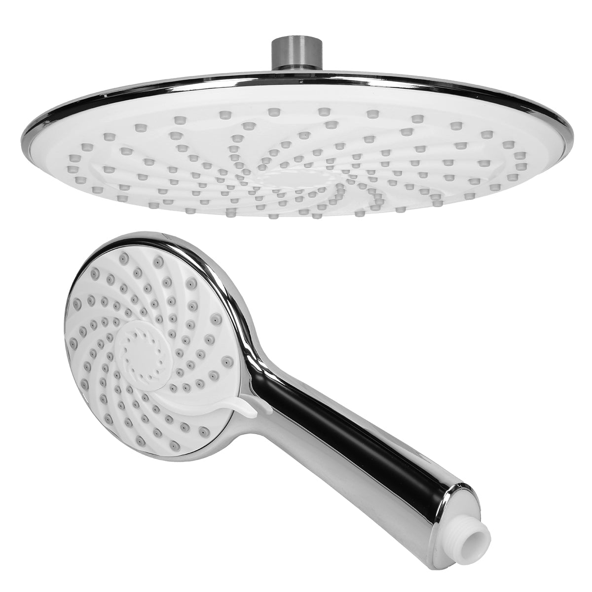 Shower head with a round overhead shower and hand shower, spiral nozzle pattern.