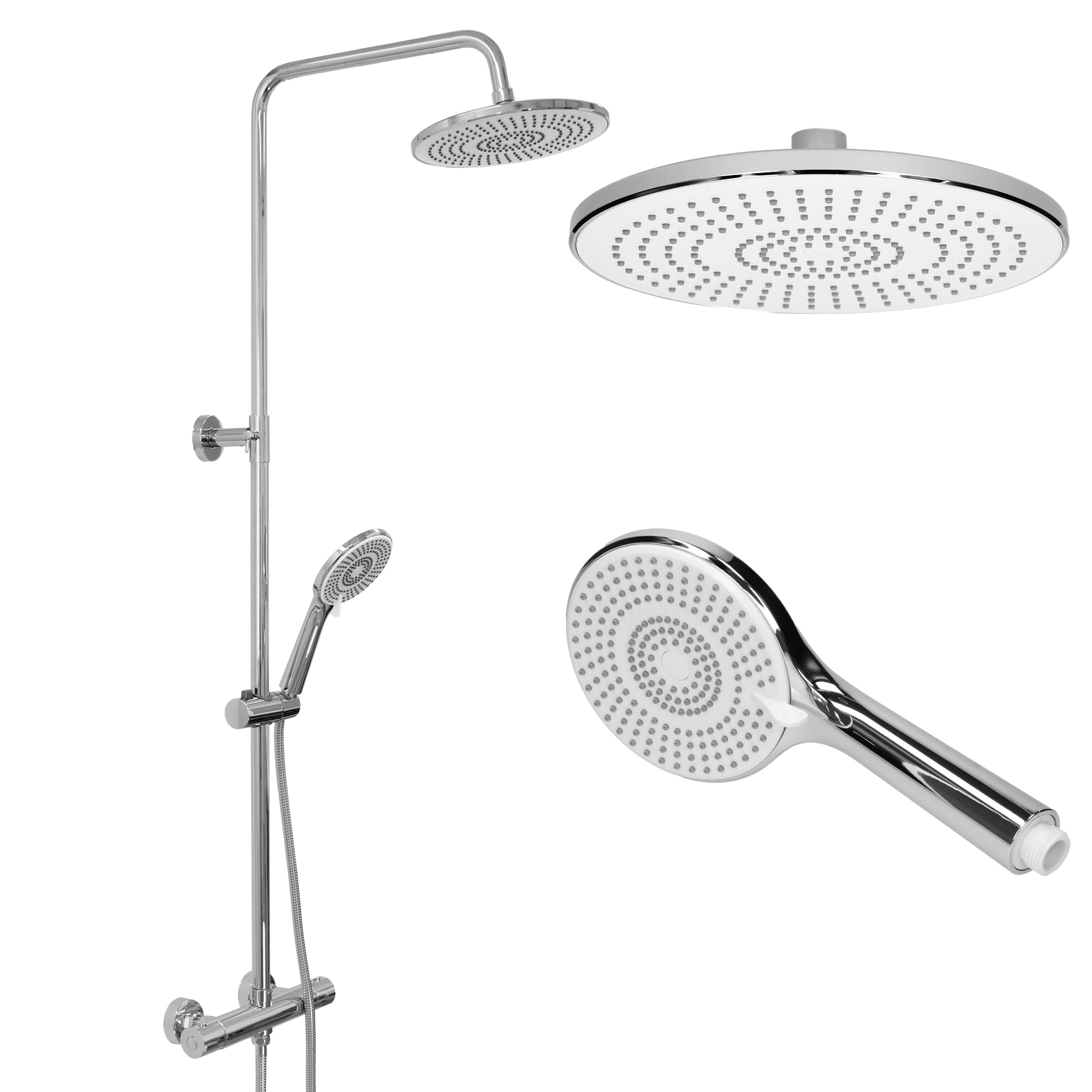 Silberne Duscharmatur mit runder Kopfbrause und Handbrause auf hellem Hintergrund.