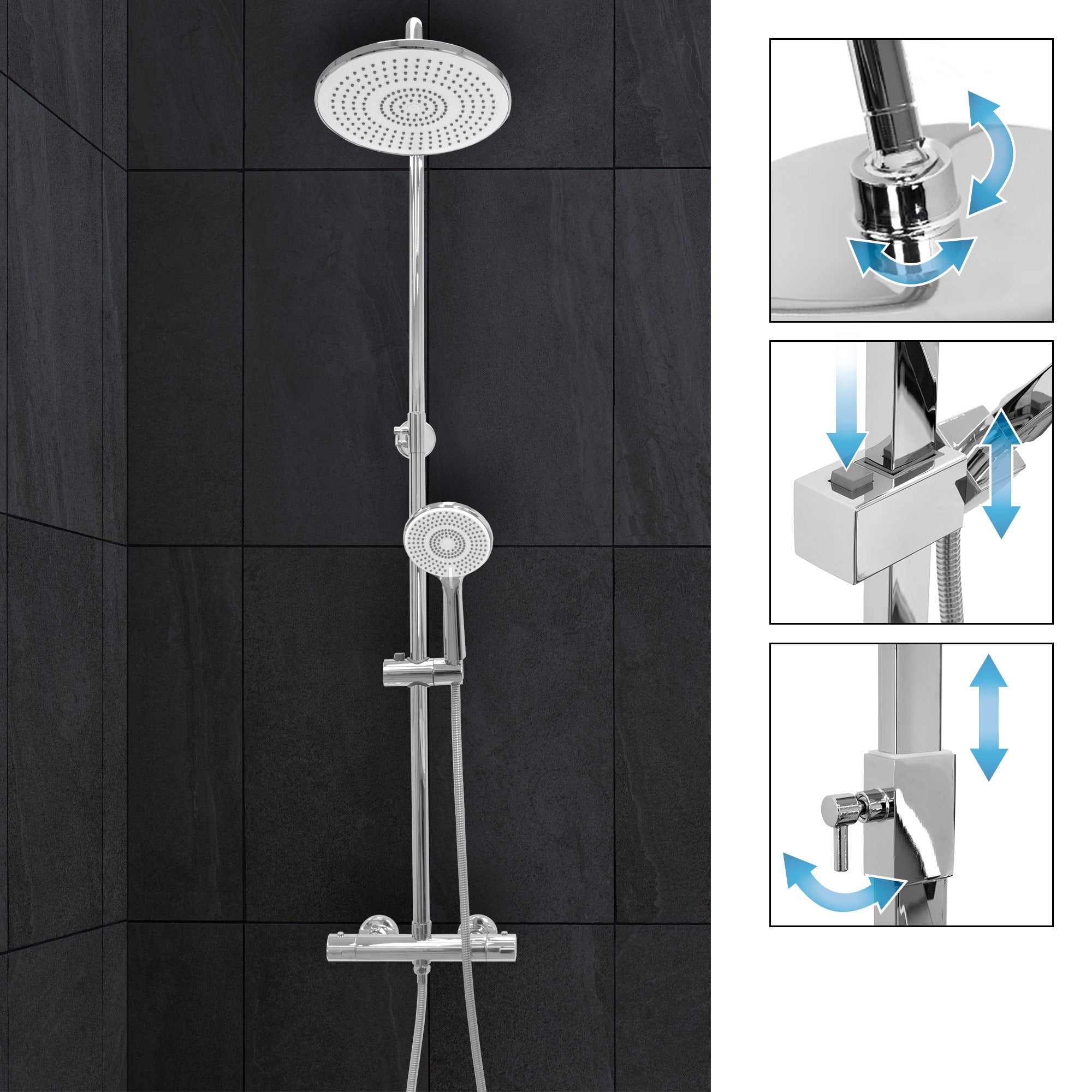 Duschsystem mit Kopf- und Handbrause, verchromt.