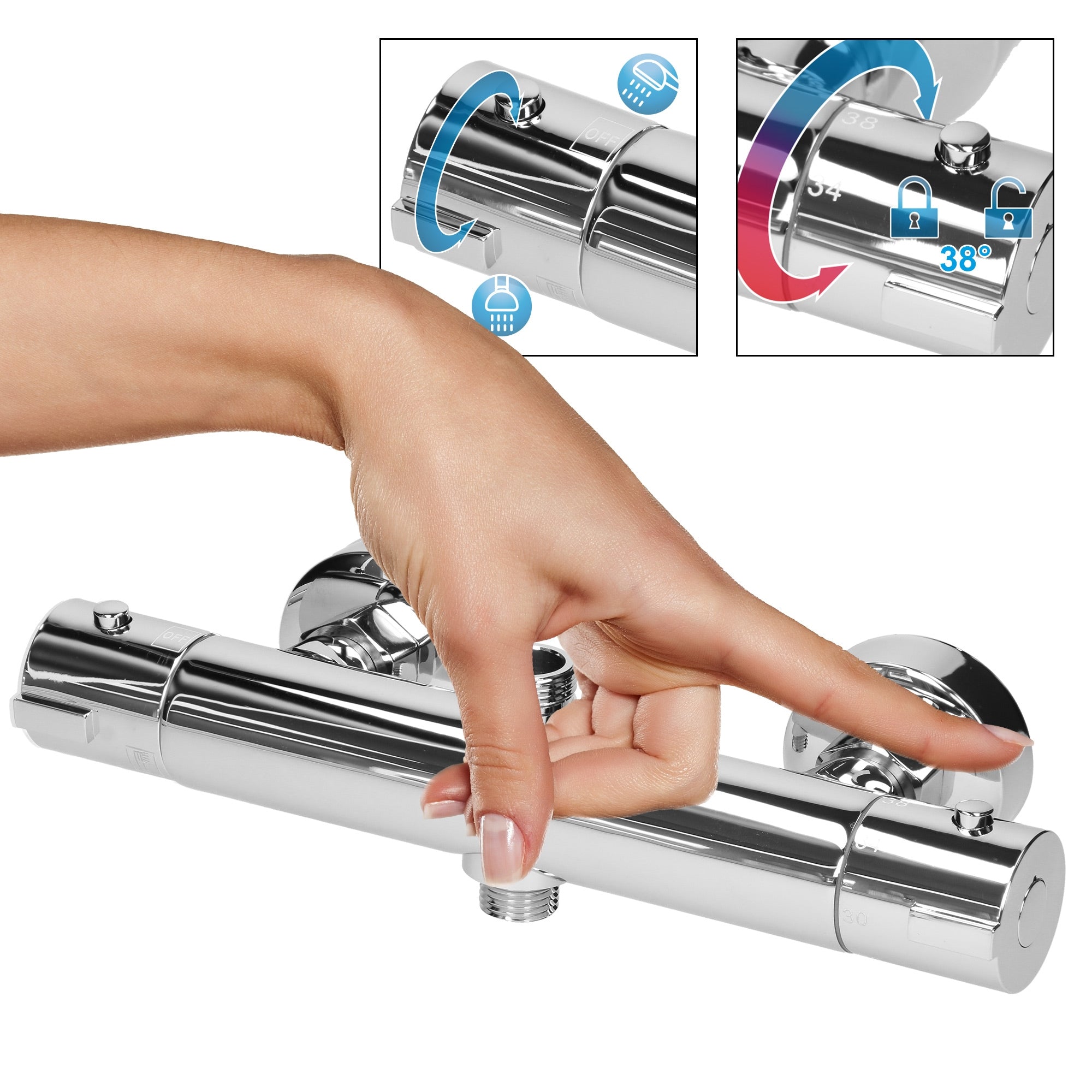 Hand mit Finger, der einen Temperaturregler an einer glänzenden Duscharmatur dreht.