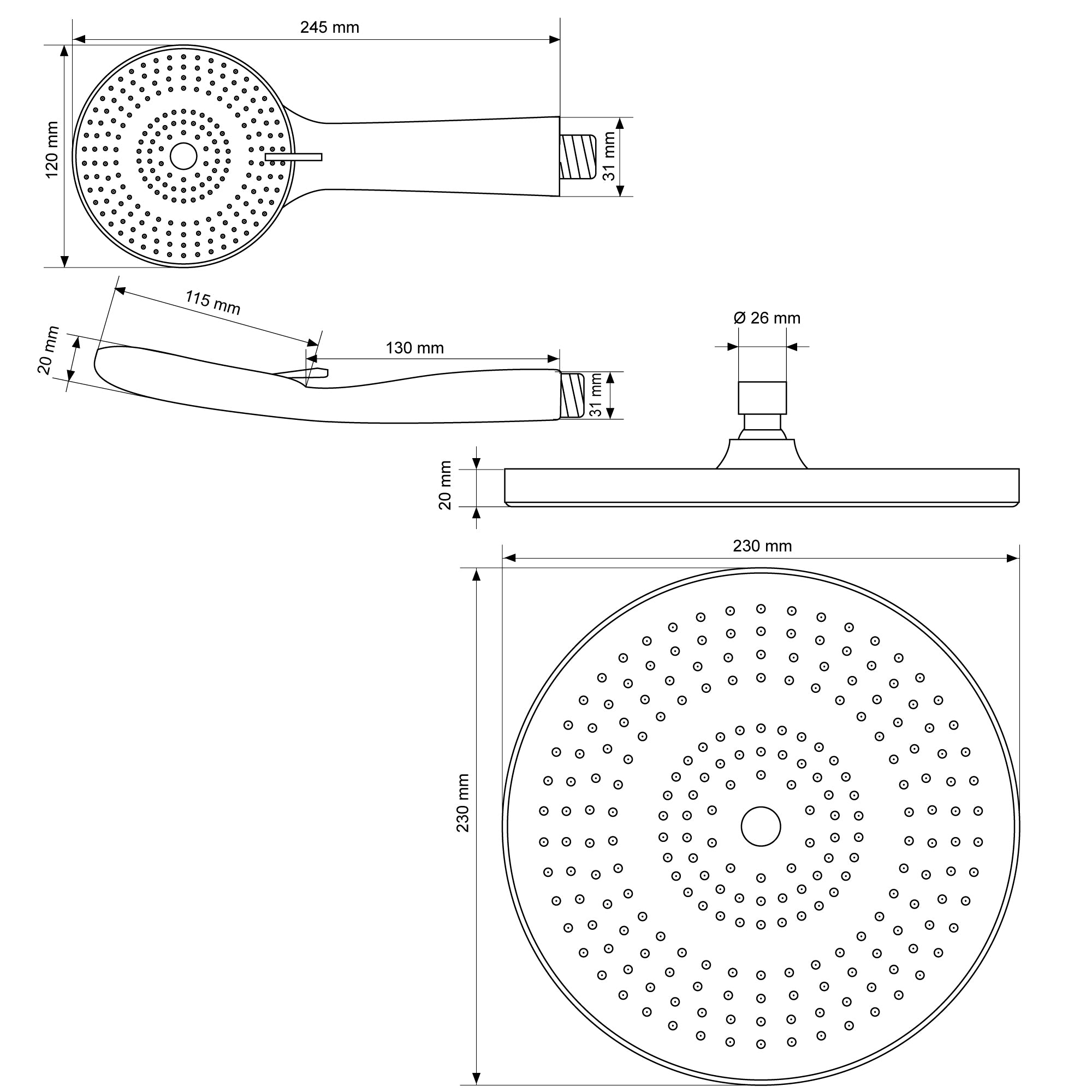 Technische Zeichnung eines Duschkopfes mit Maßen und Details.