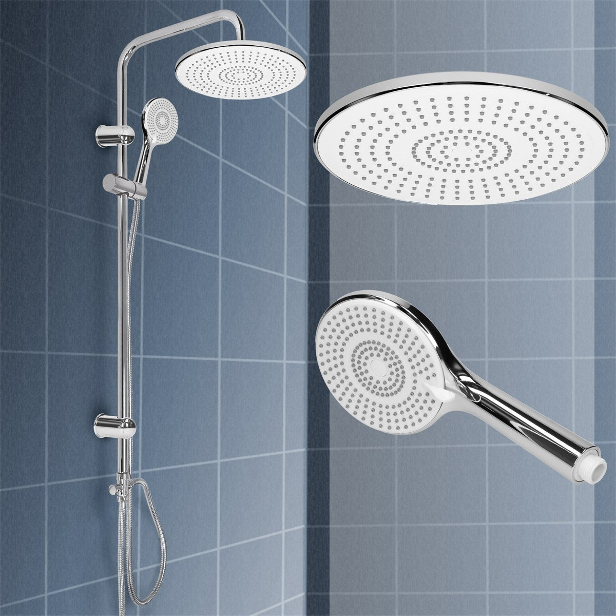 Silver shower faucet with a round overhead shower and hand shower on blue tiles.
