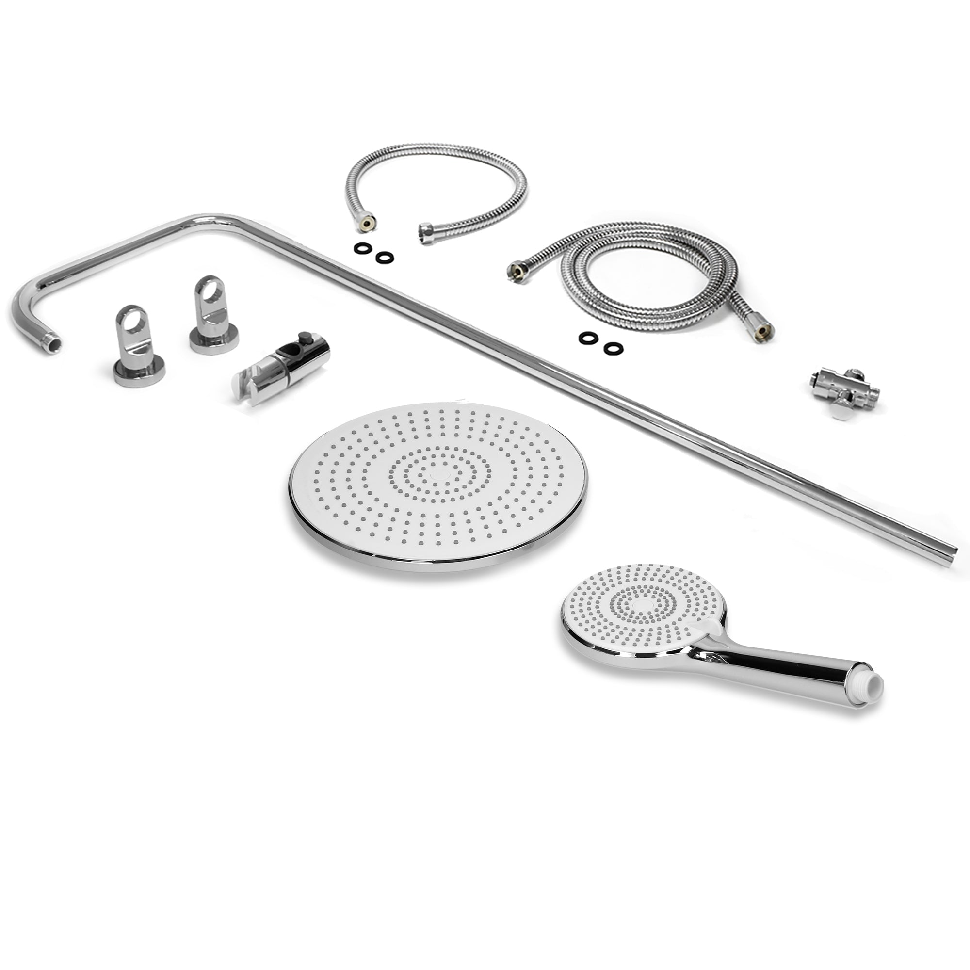 Ein Set von Duscharmaturen und Zubehörteilen in verchromtem Metall.