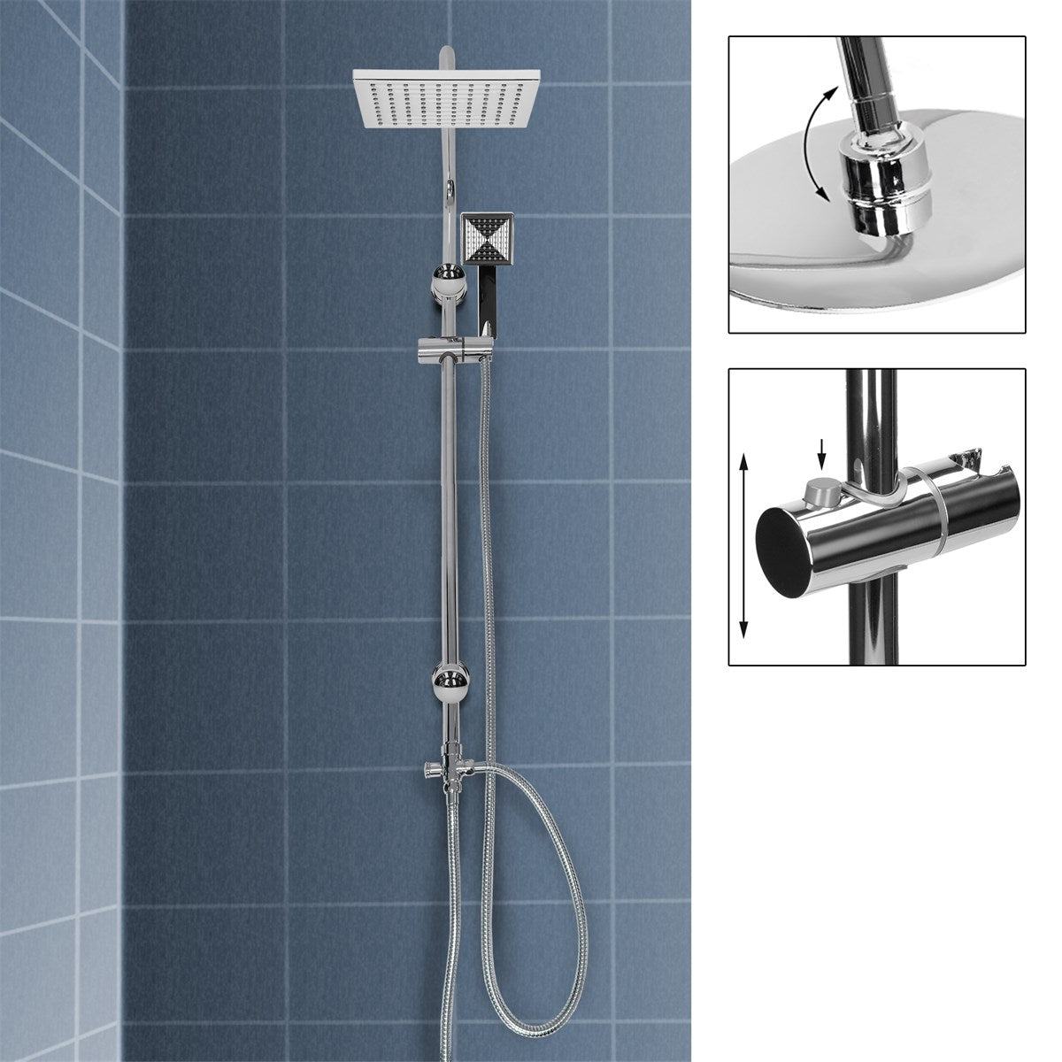 Shower system with a square head and chrome-plated elements.