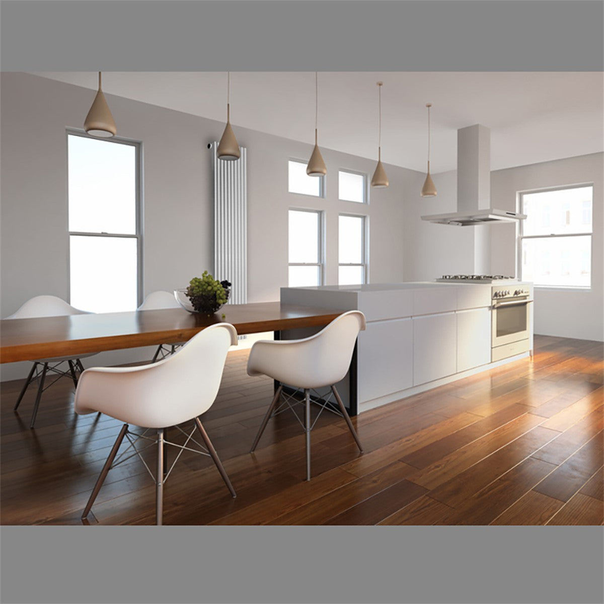 Moderne keuken met houten vloer, witte meubels en grote ramen.