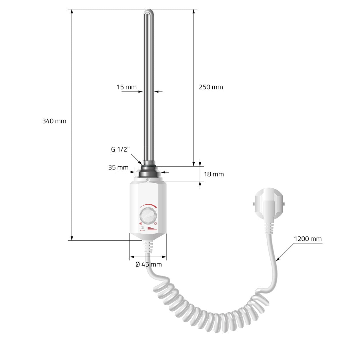 Valkoinen lämmitysvastus mittoineen ja liitäntäkaapeleineen.