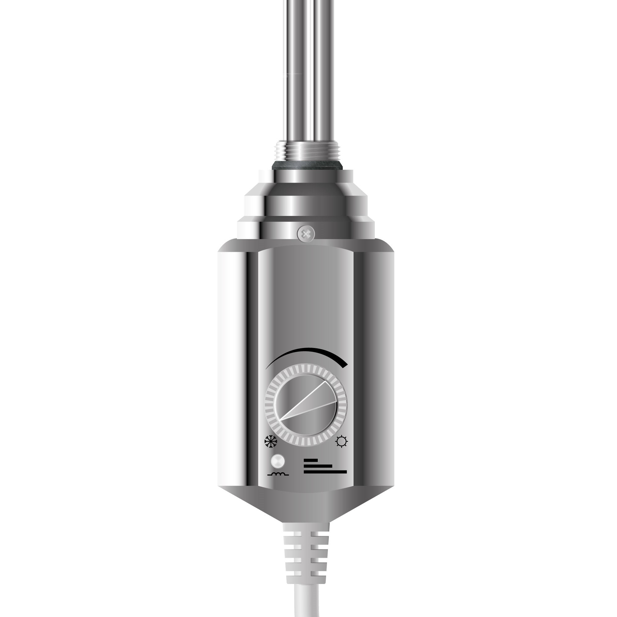Detailansicht eines Chrom-Heizstabs mit Temperaturregler.