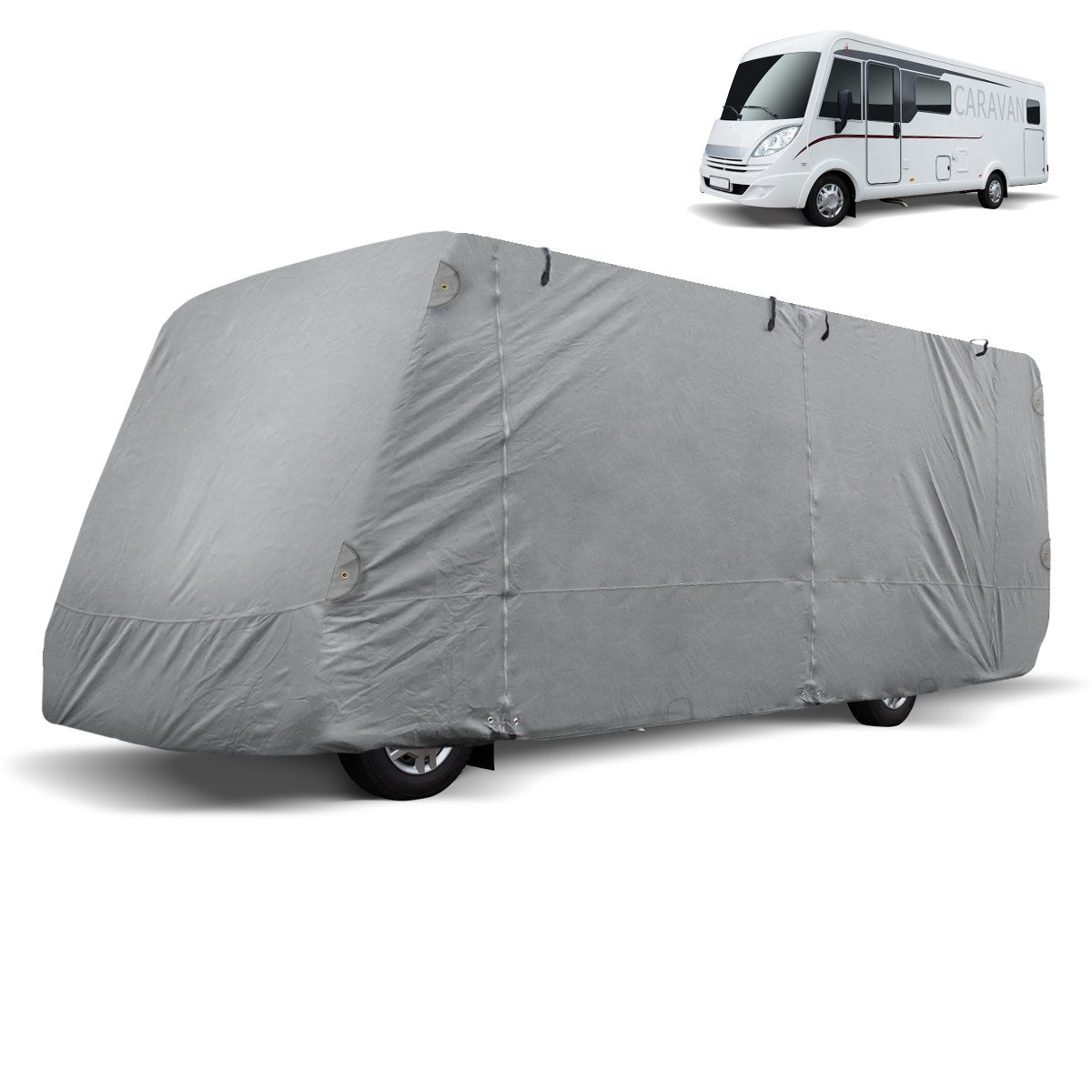 Grey cover for a motorhome standing against a white background.