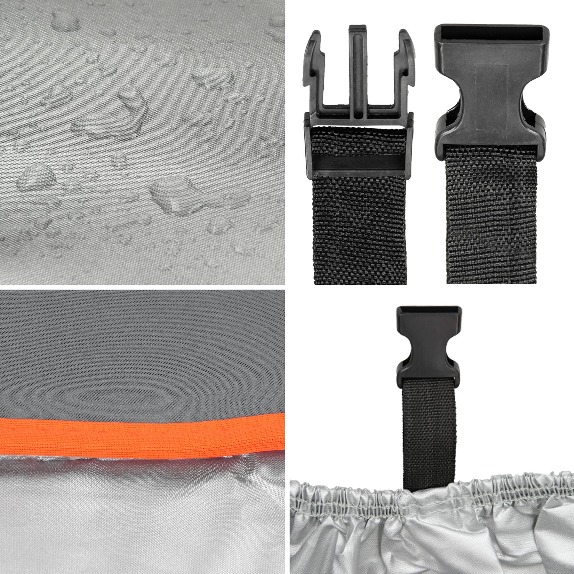 Detailansicht von Abdeckmaterial mit Schnallen und Riemen.