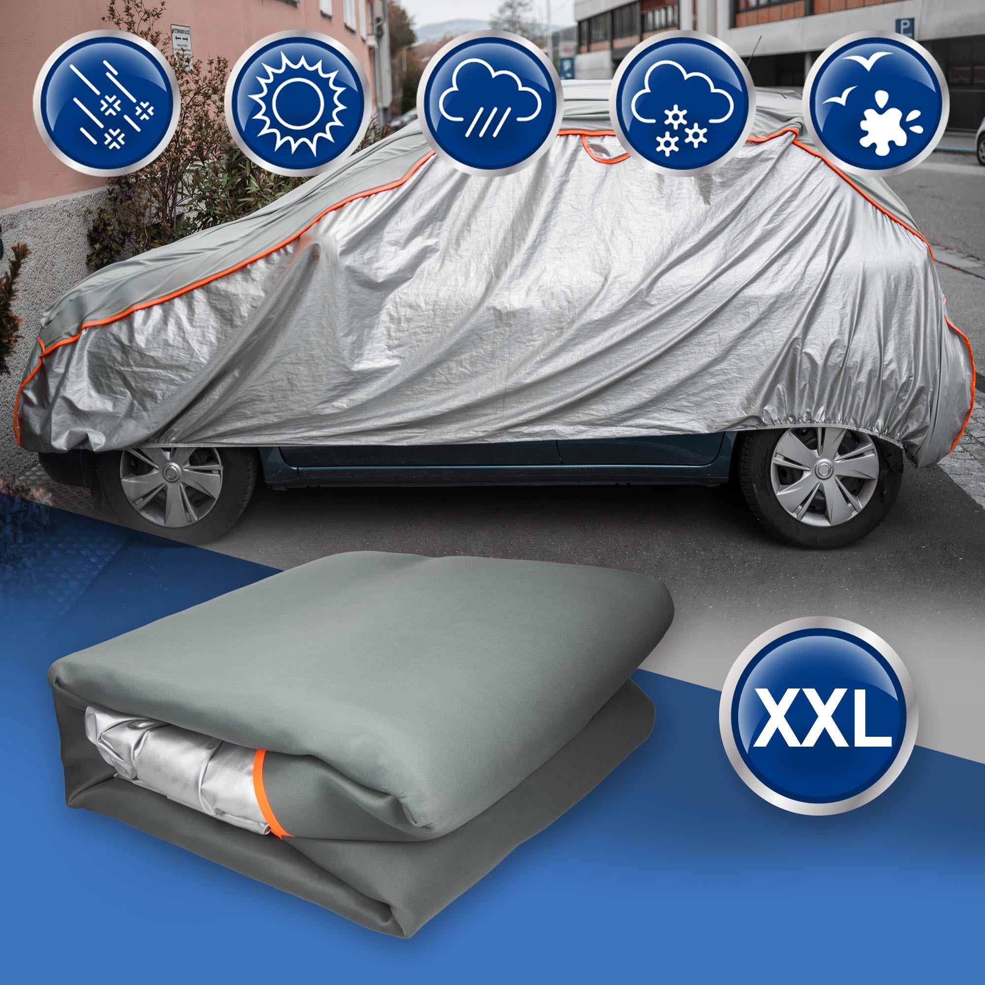 Autoabdeckung in silber, auf einem Auto, mit Symbolen für Wetterbedingungen.