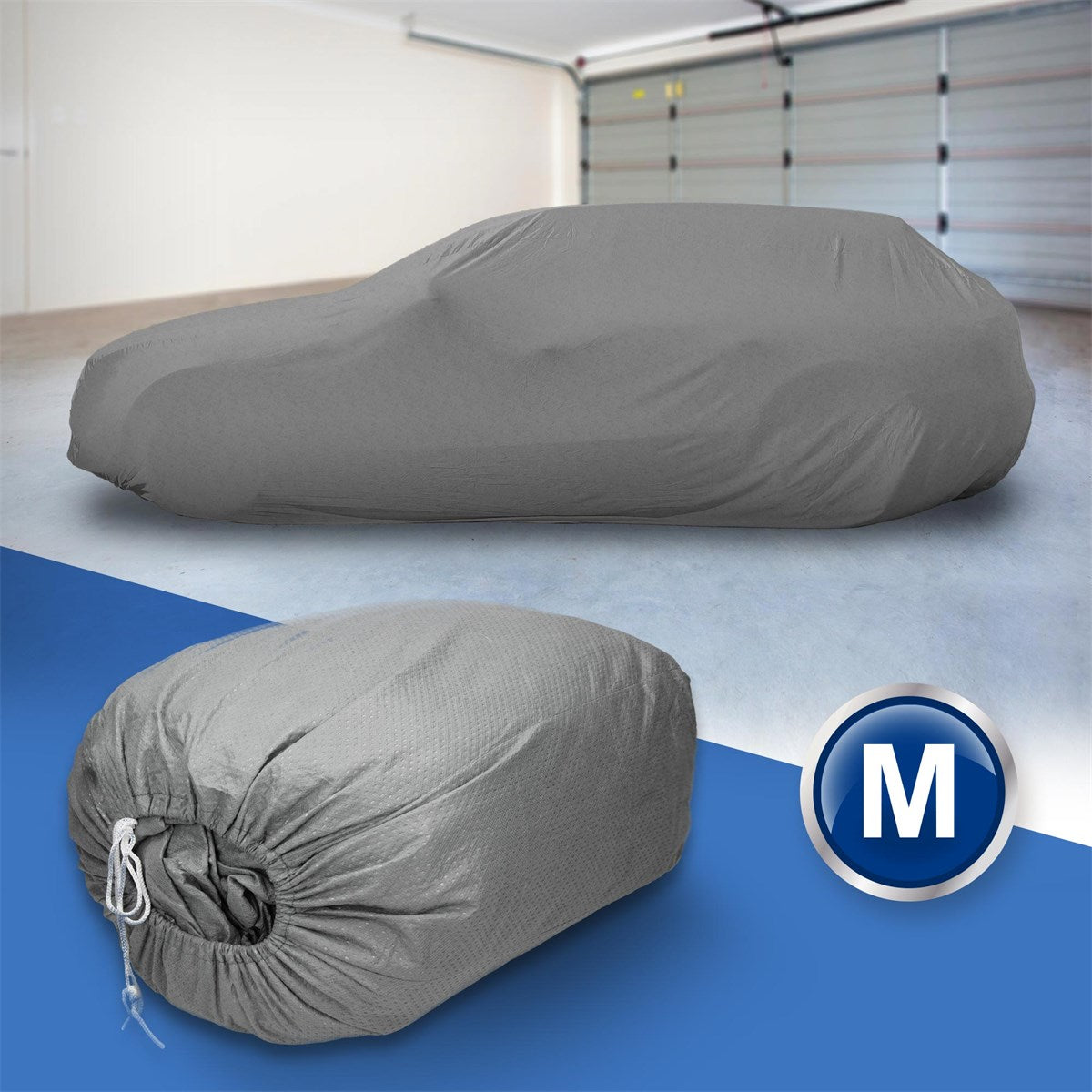 Funda para coche en un espacio de garaje, empaquetada.