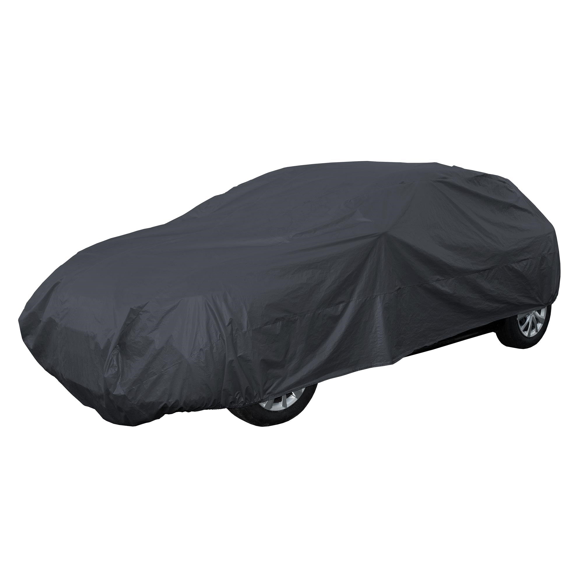 Auto, které je zakryté černým krytem.