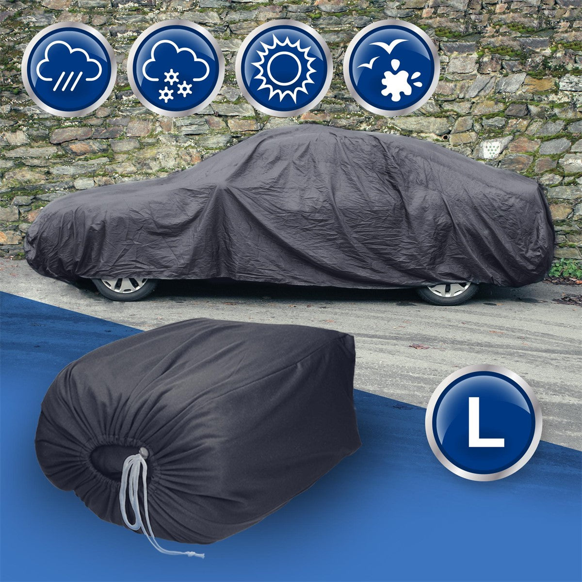 Un coche está cubierto con una funda gris; al fondo hay símbolos de condiciones meteorológicas.