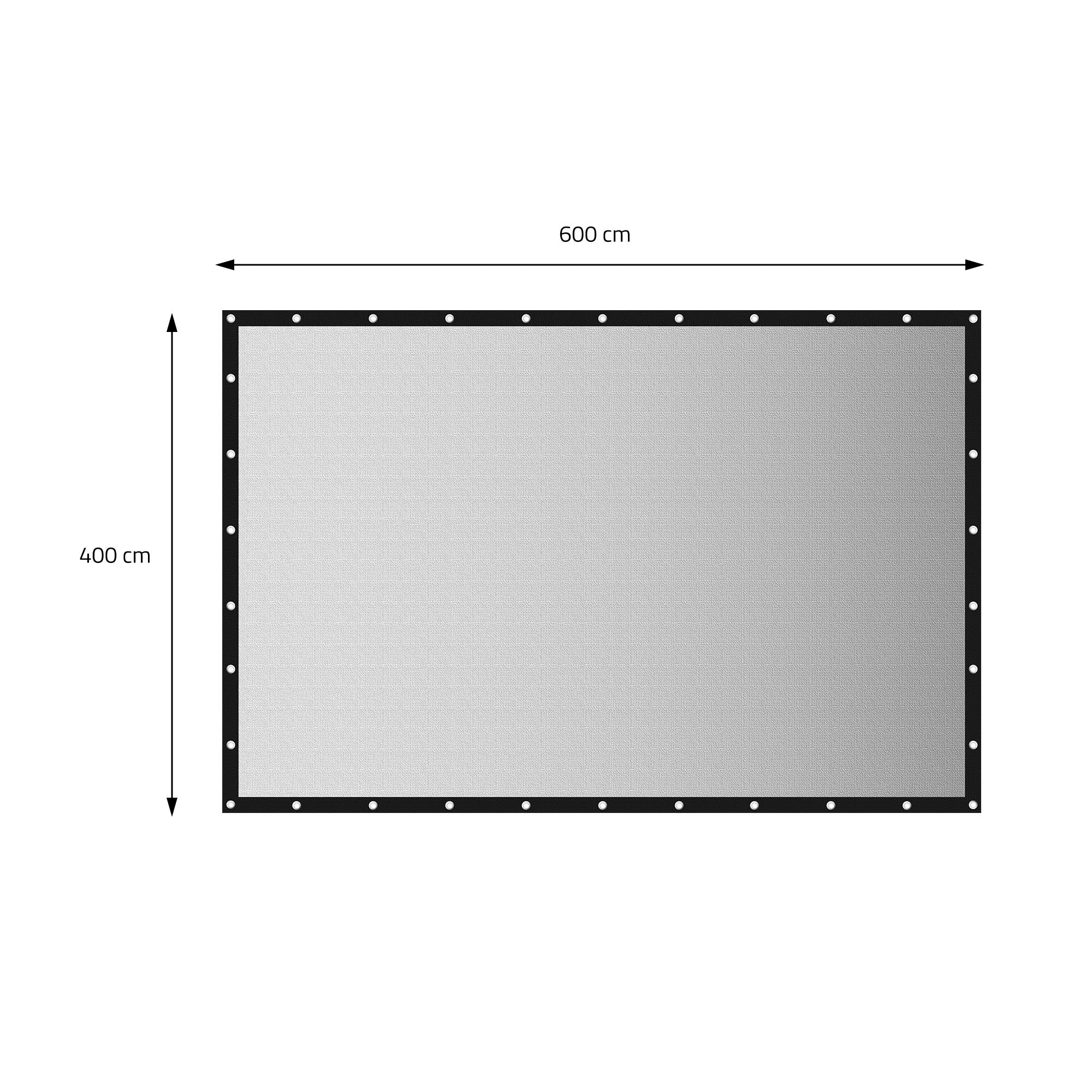 Rechteckige Plane mit Maßen 600 cm x 400 cm und schwarzen Ösen.