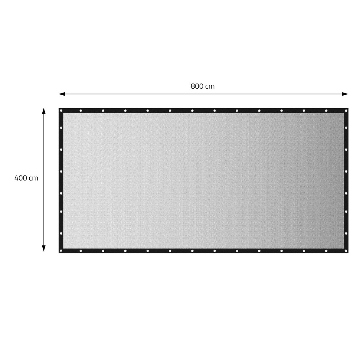 Rectangular gray tarpaulin with dimensions and eyelets.
