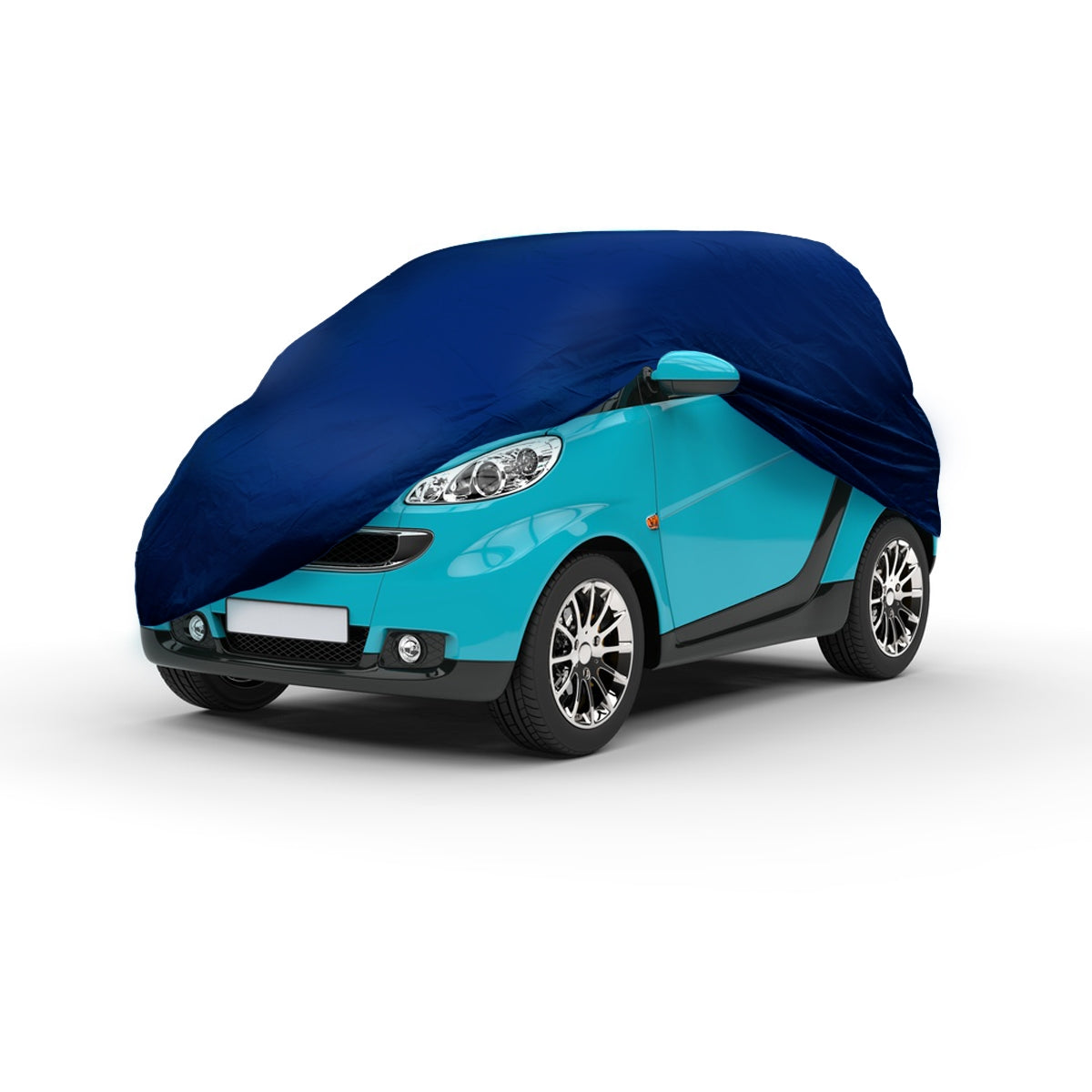 Auto mit blauer Abdeckung, teilweise sichtbar.