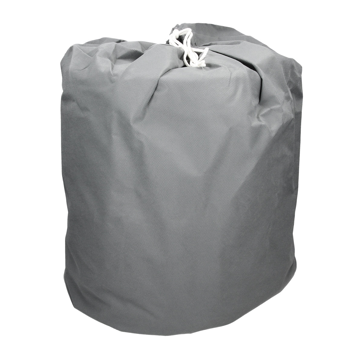Ein grauer Sack mit Kordelzug, der auf einem weißen Hintergrund steht.