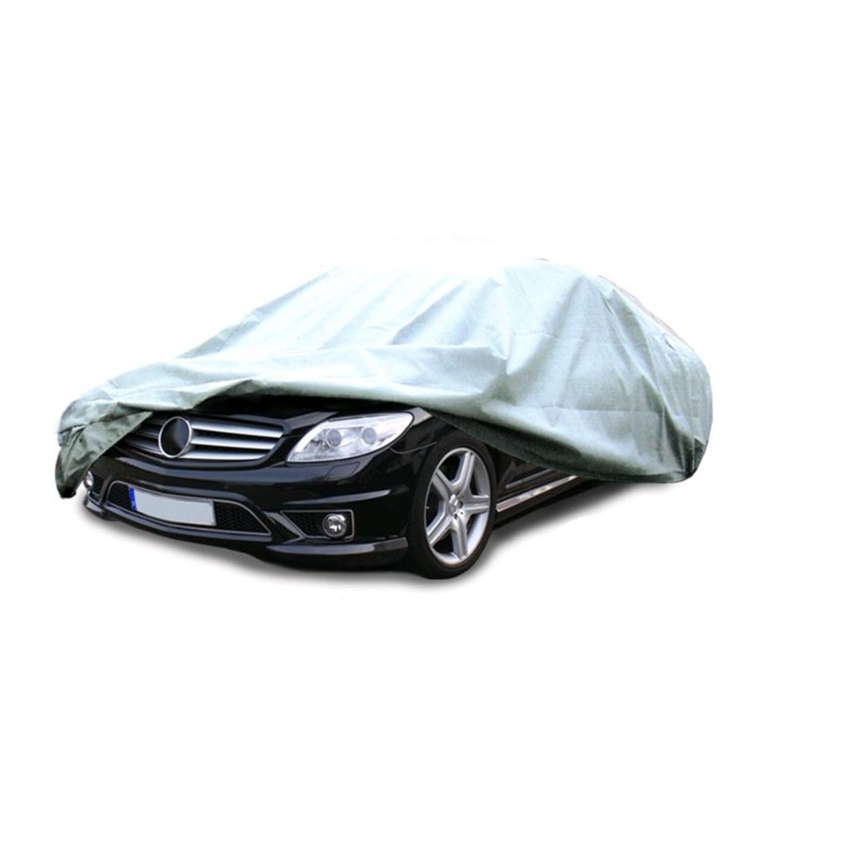 Schwarzes Auto, das mit einer grauen Abdeckung bedeckt ist.