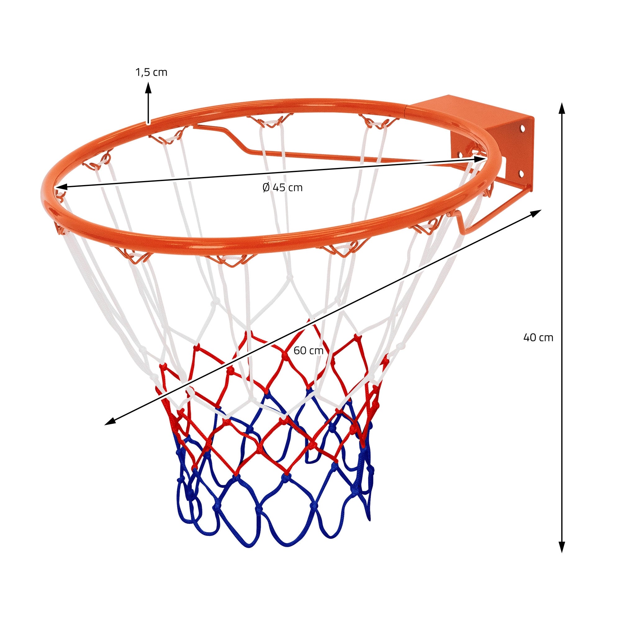 Basketballkorb mit Maßen, orange und blau, an einer Wand montiert.