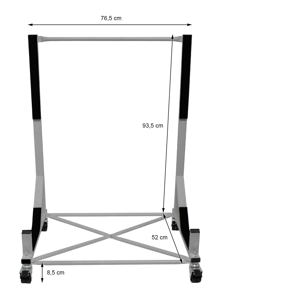 Dimension drawing of a white stand with black rubber buffers.