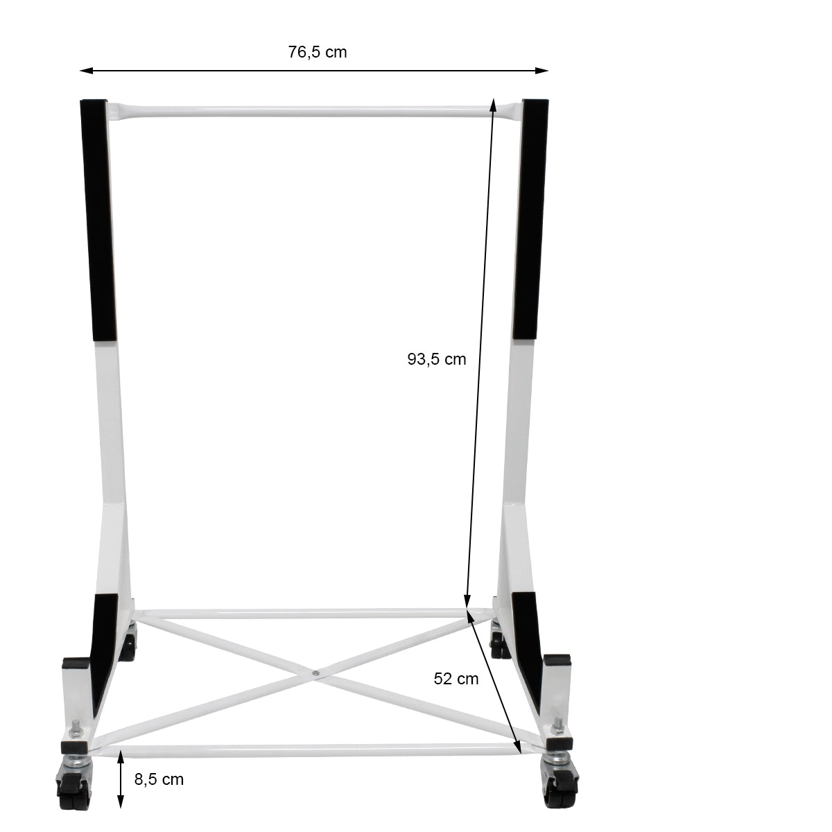 Ein Gestell mit Maßen, das auf Rollen steht.