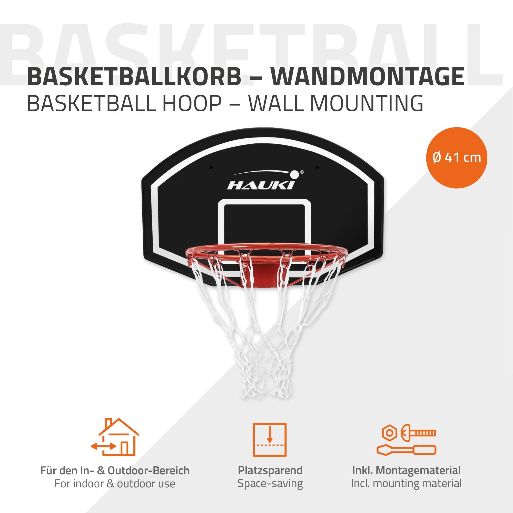 Wandmontierter Basketballkorb mit schwarzem Rahmen und Netz, Maße angegeben.