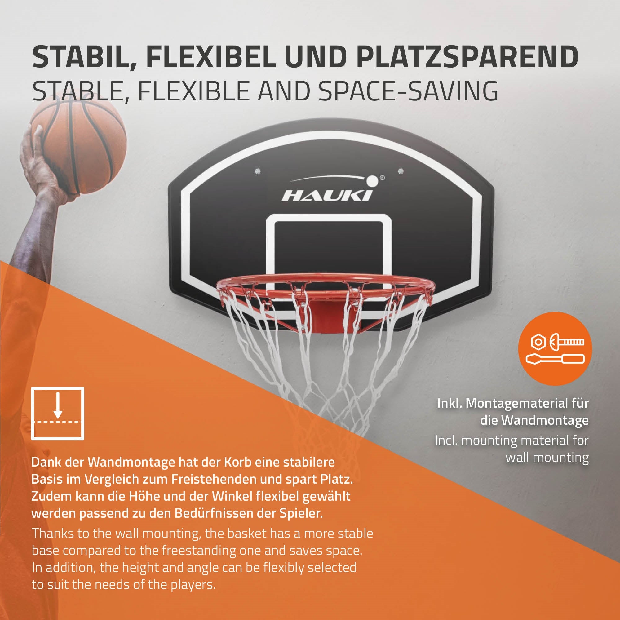 Basketball hoop mounted on a wall, with installation instructions.