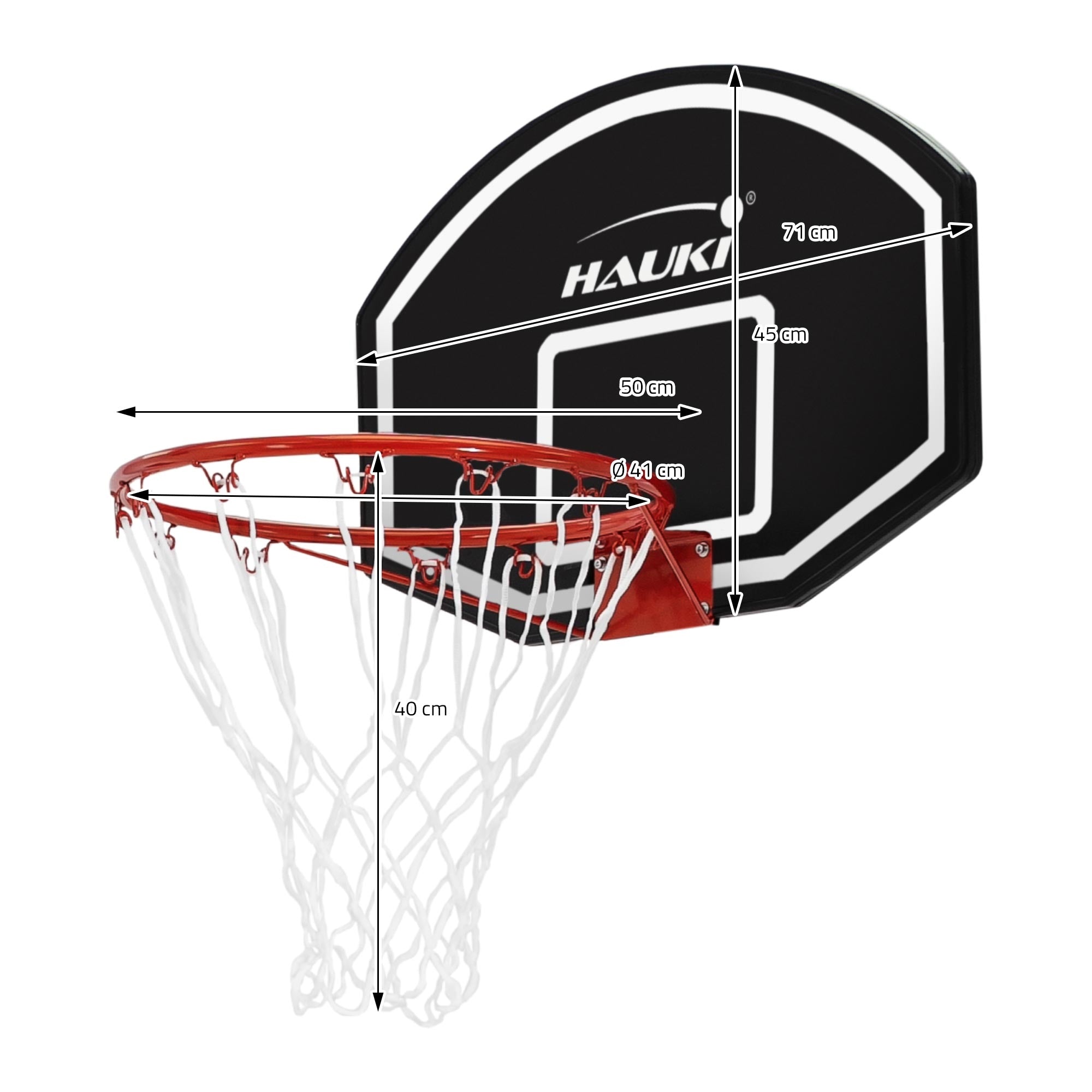 Basketball hoop with measurements, plastic board and metal frame.
