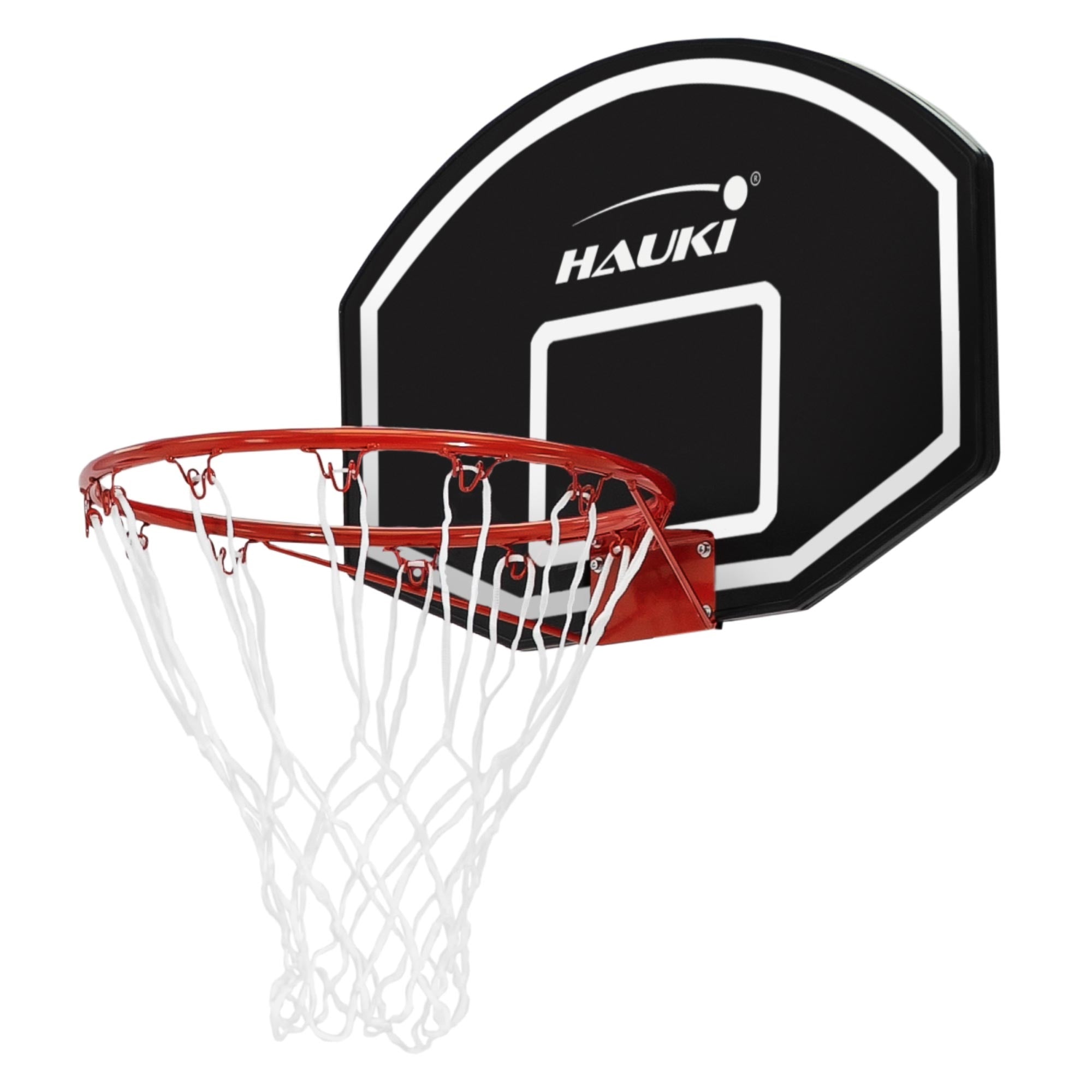 Basketballkorb mit schwarzer Rückwand und rotem Netz.