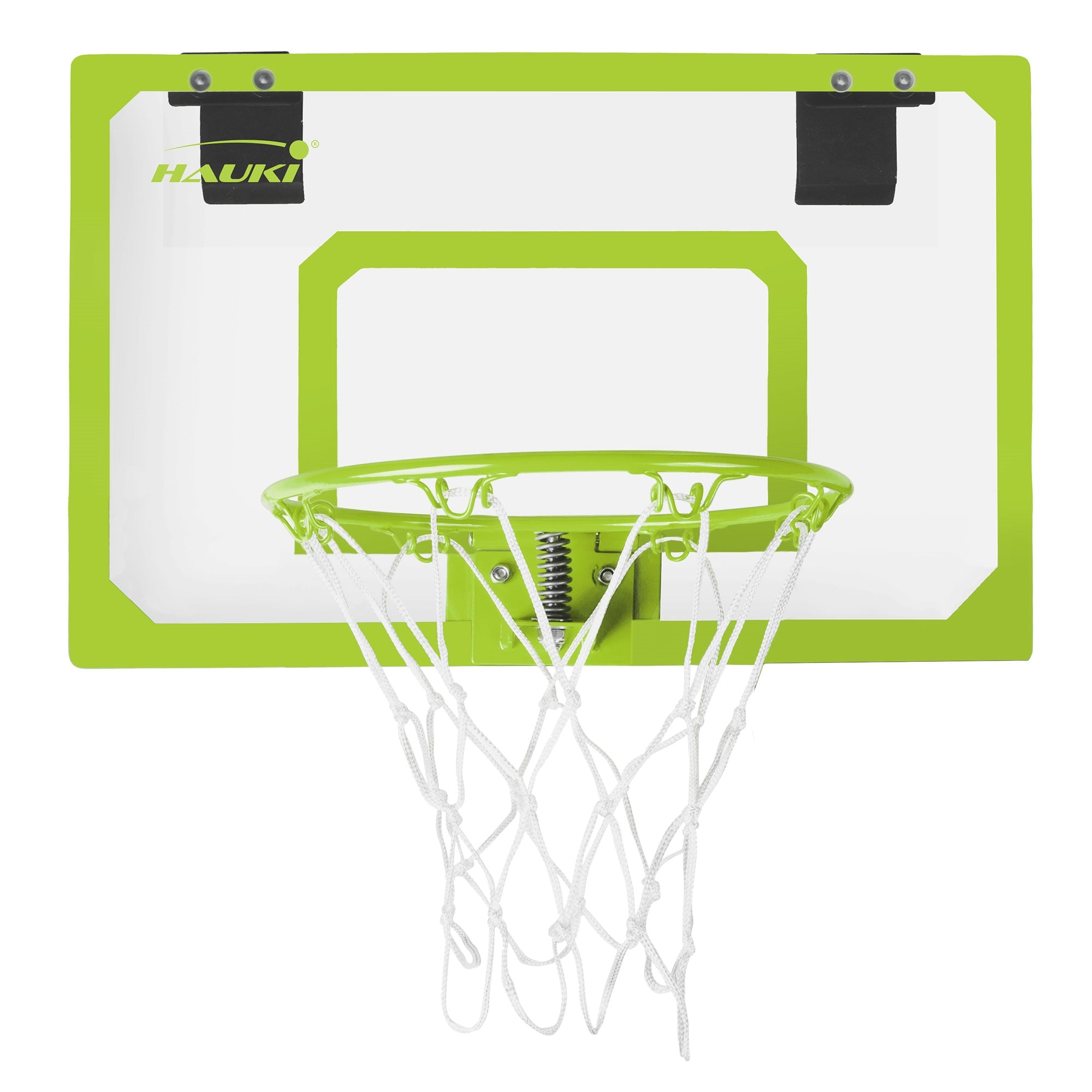 Basketballkorb mit grünem Rahmen und Netz, montiert an einer Wand.