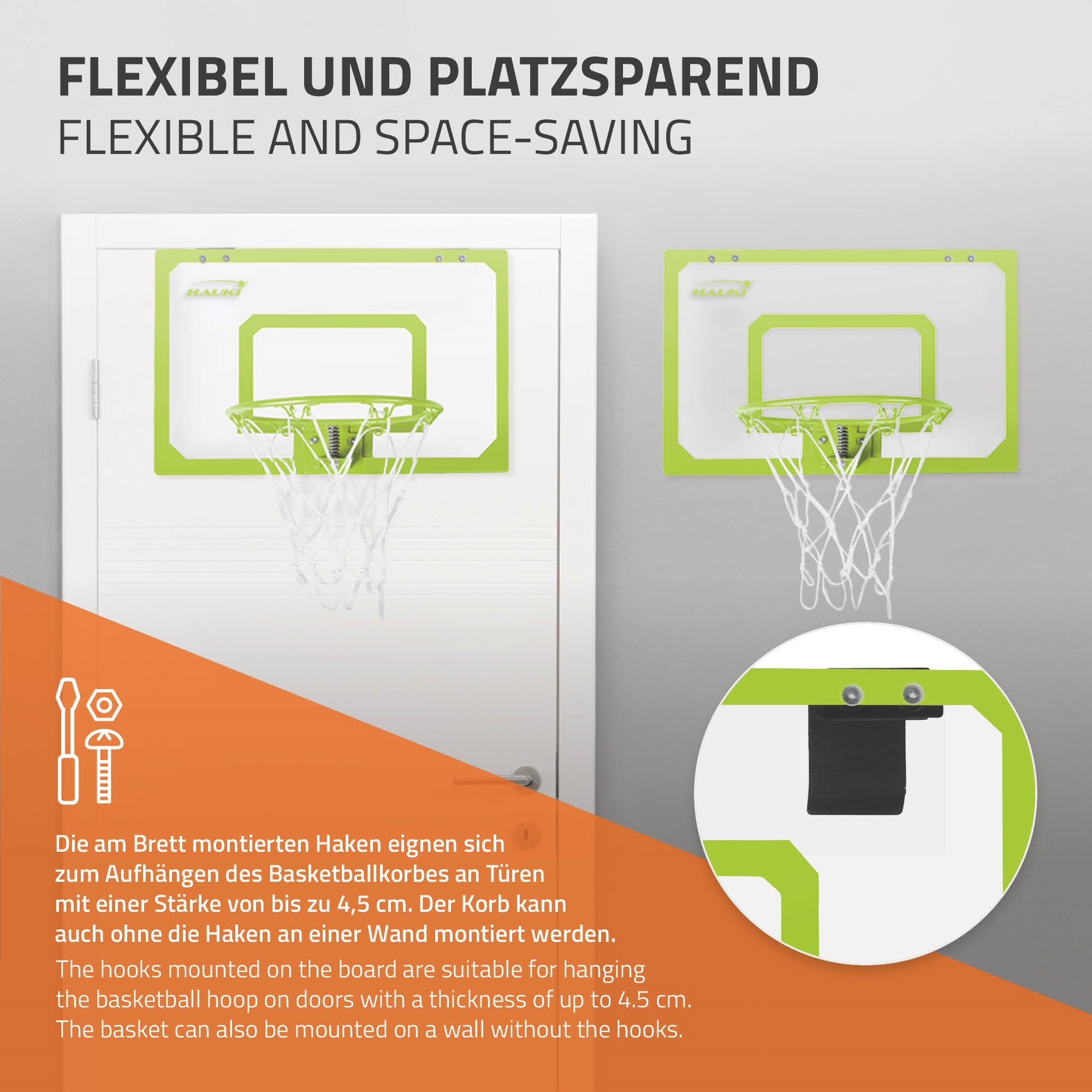 Basketballkorb mit flexibler Montage an einer Tür, inklusive Haken und Montageanleitung.