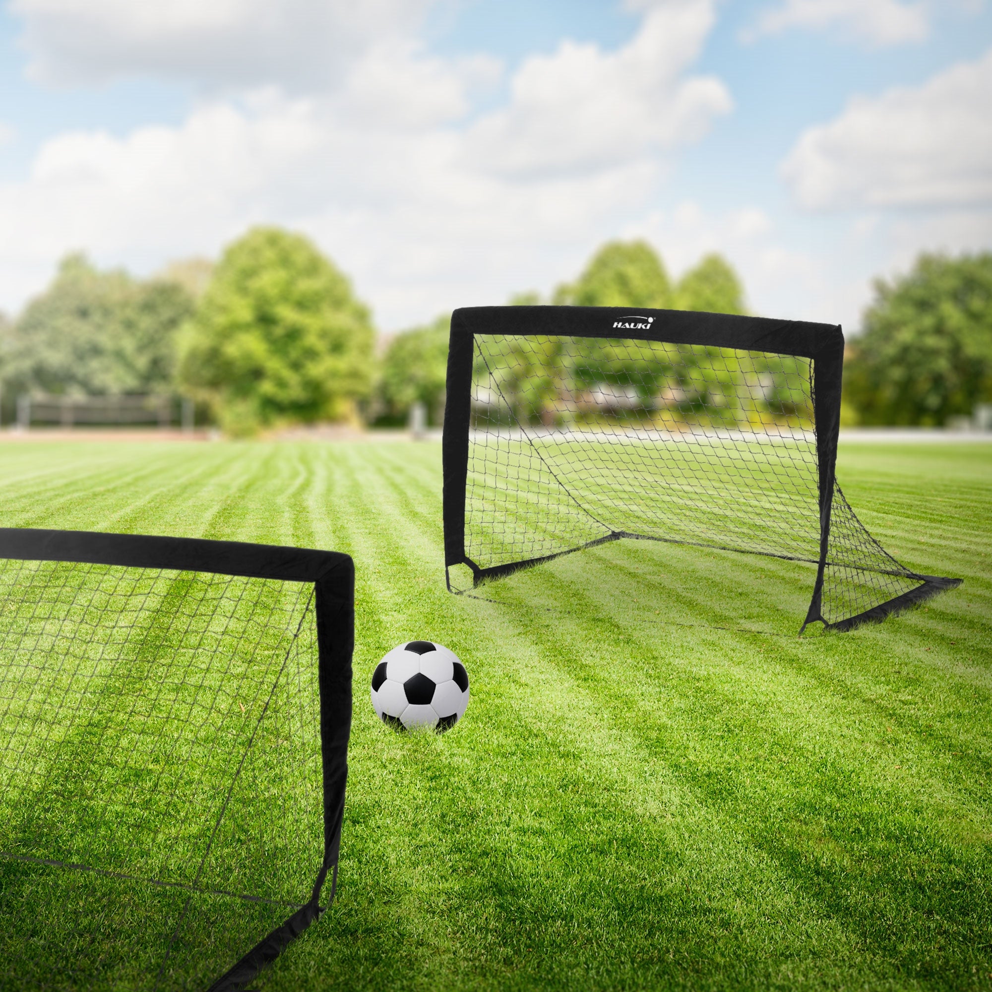 Zwei Fußballtore auf Rasen mit einem Fußball im Vordergrund.