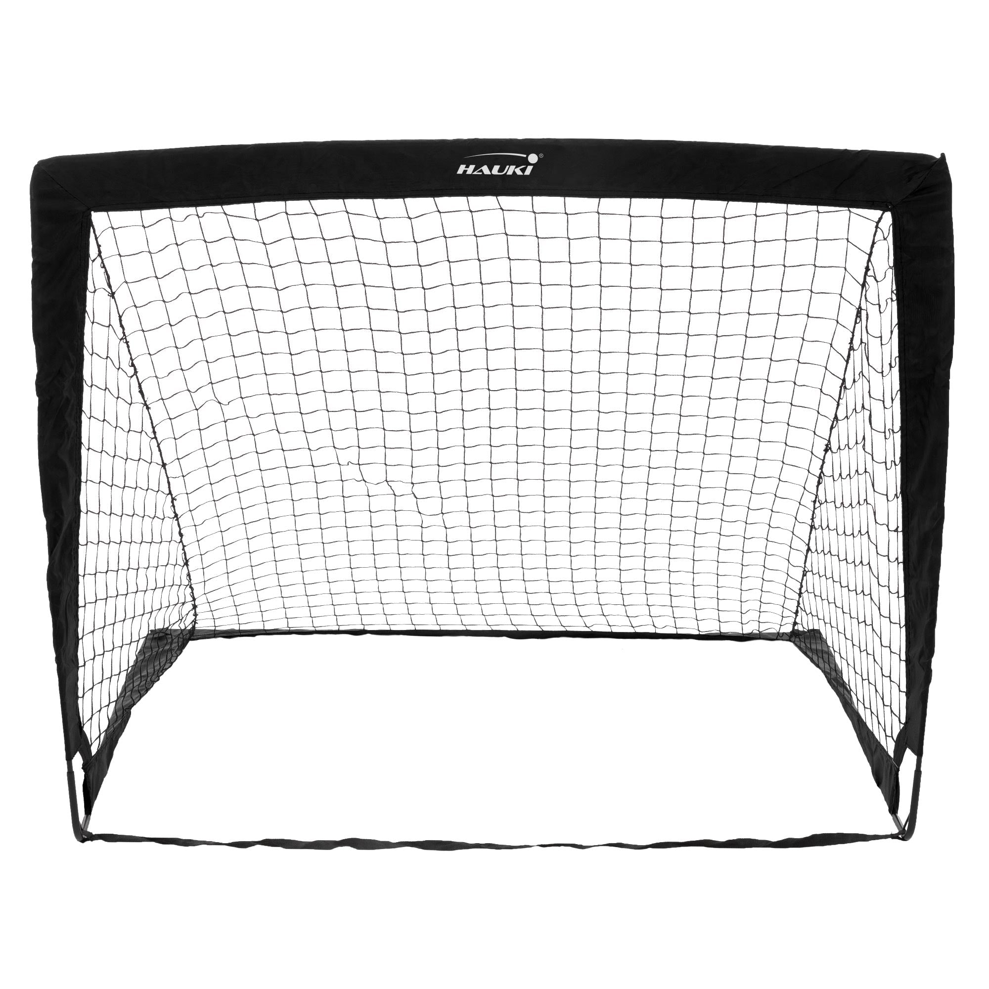 Ein einzelnes Fußballtor mit Netz in Schwarz auf weißem Hintergrund.