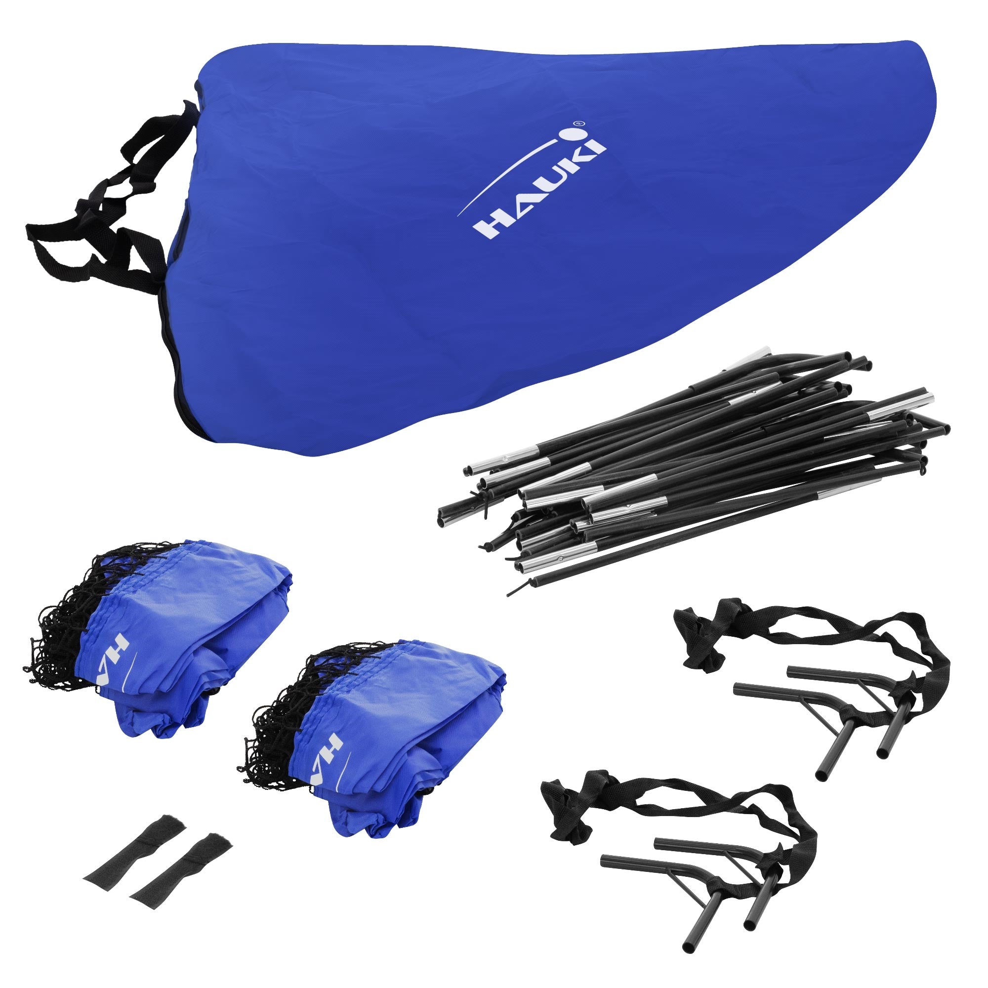 Zubehör für den Aufbau eines Sportgeräts in blauer Tragetasche.