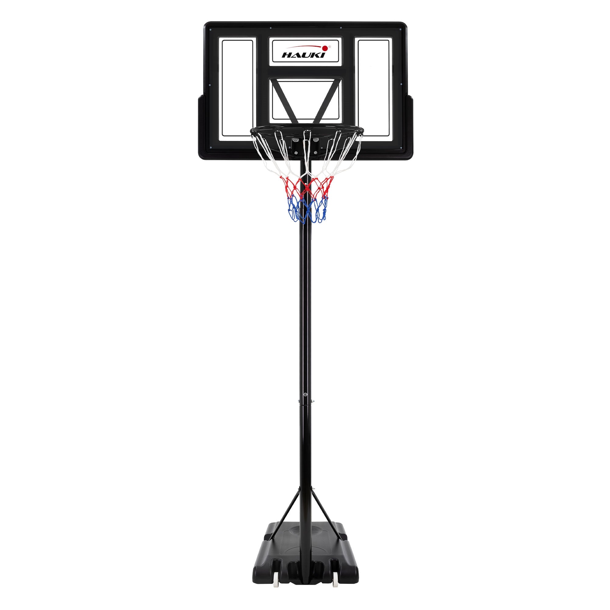Basketballkorb mit Netz auf einem stabilen Standfuß.