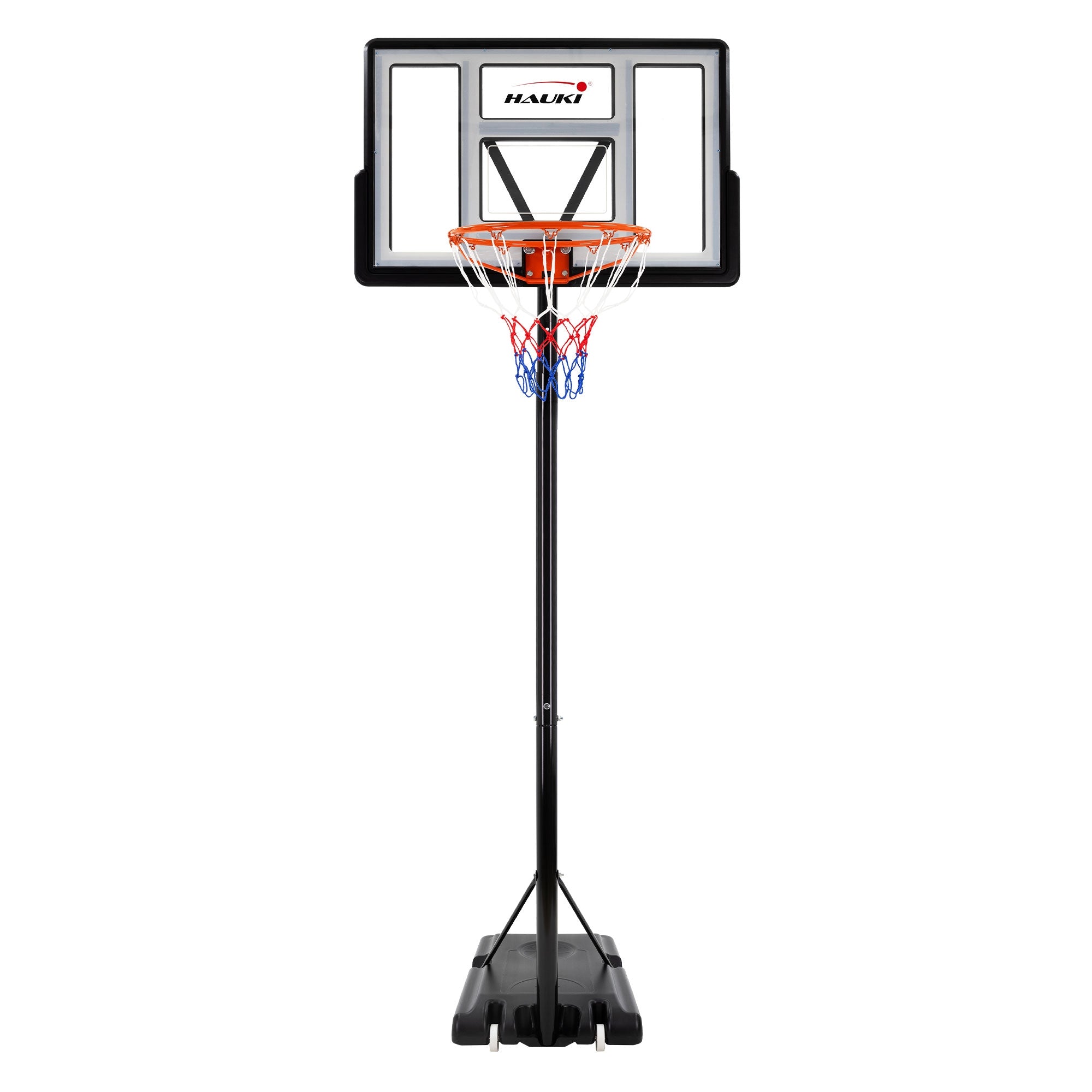 Frontansicht der Basketball-Anlage mit Korb und transparentem Rückbrett.