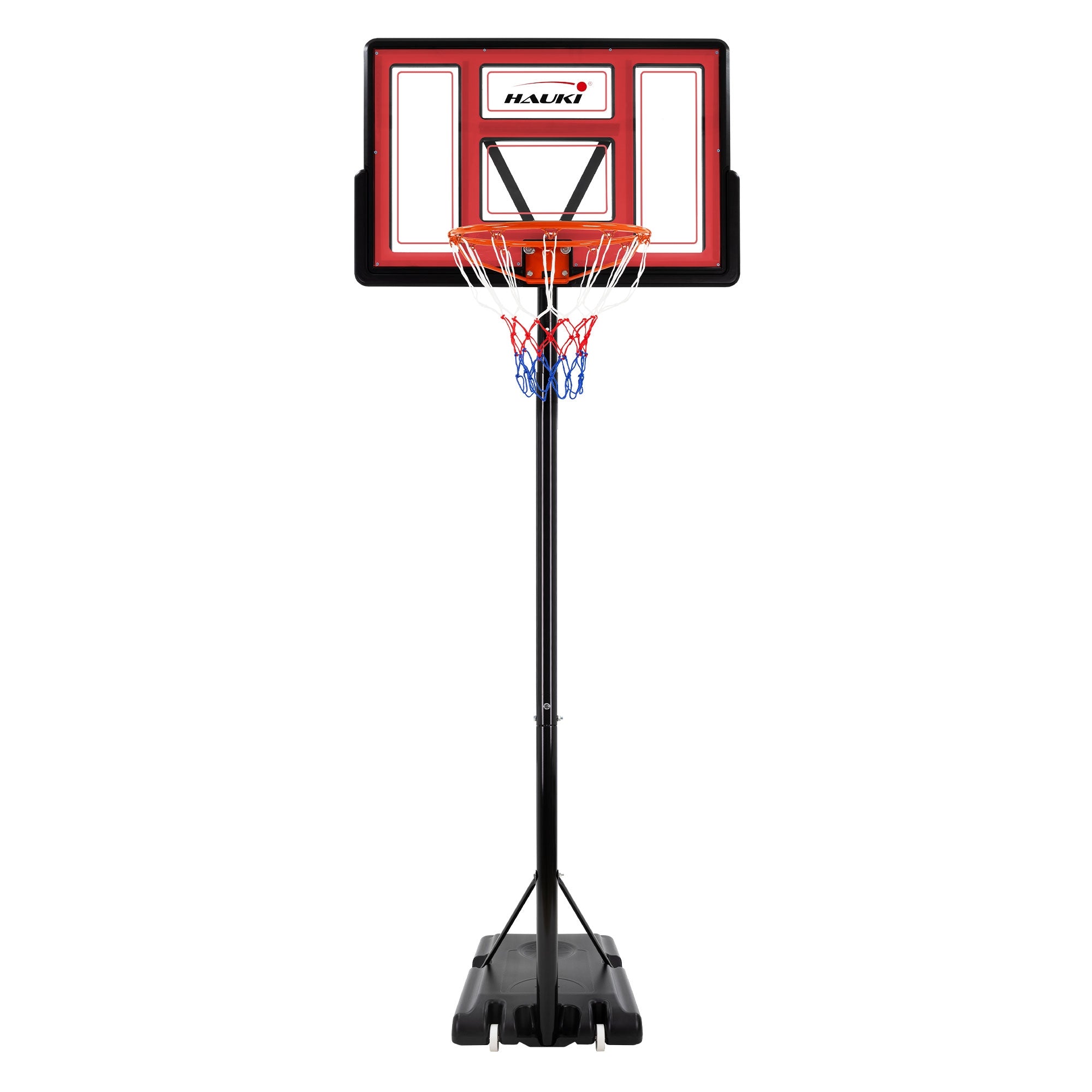 Basketballkorb frontal mit Netz und Standfuß.